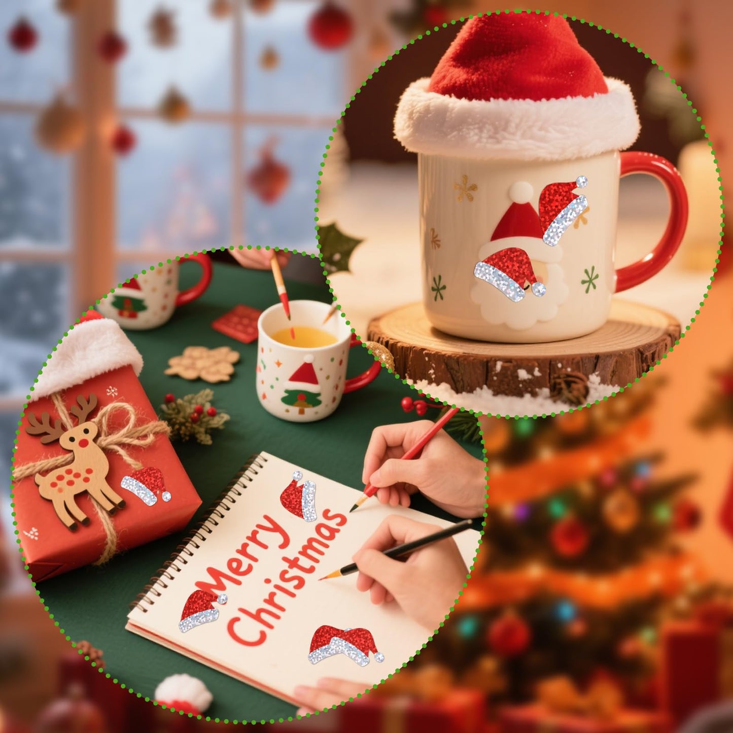 Penitue 500pcs Santa Hat Glitter Stickers – Self-Adhesive Christmas Stickers for Cards & Gifts