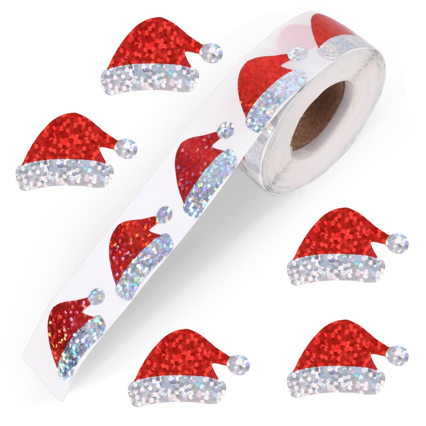 Penitue 500pcs Santa Hat Glitter Stickers – Self-Adhesive Christmas Stickers for Cards & Gifts
