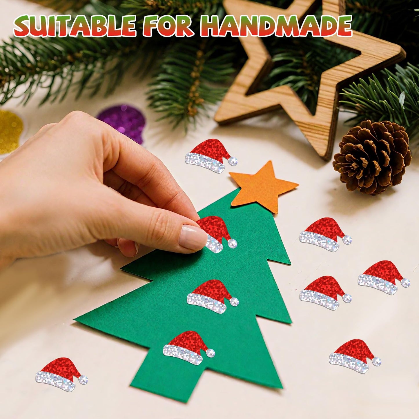 Penitue 500pcs Santa Hat Glitter Stickers – Self-Adhesive Christmas Stickers for Cards & Gifts