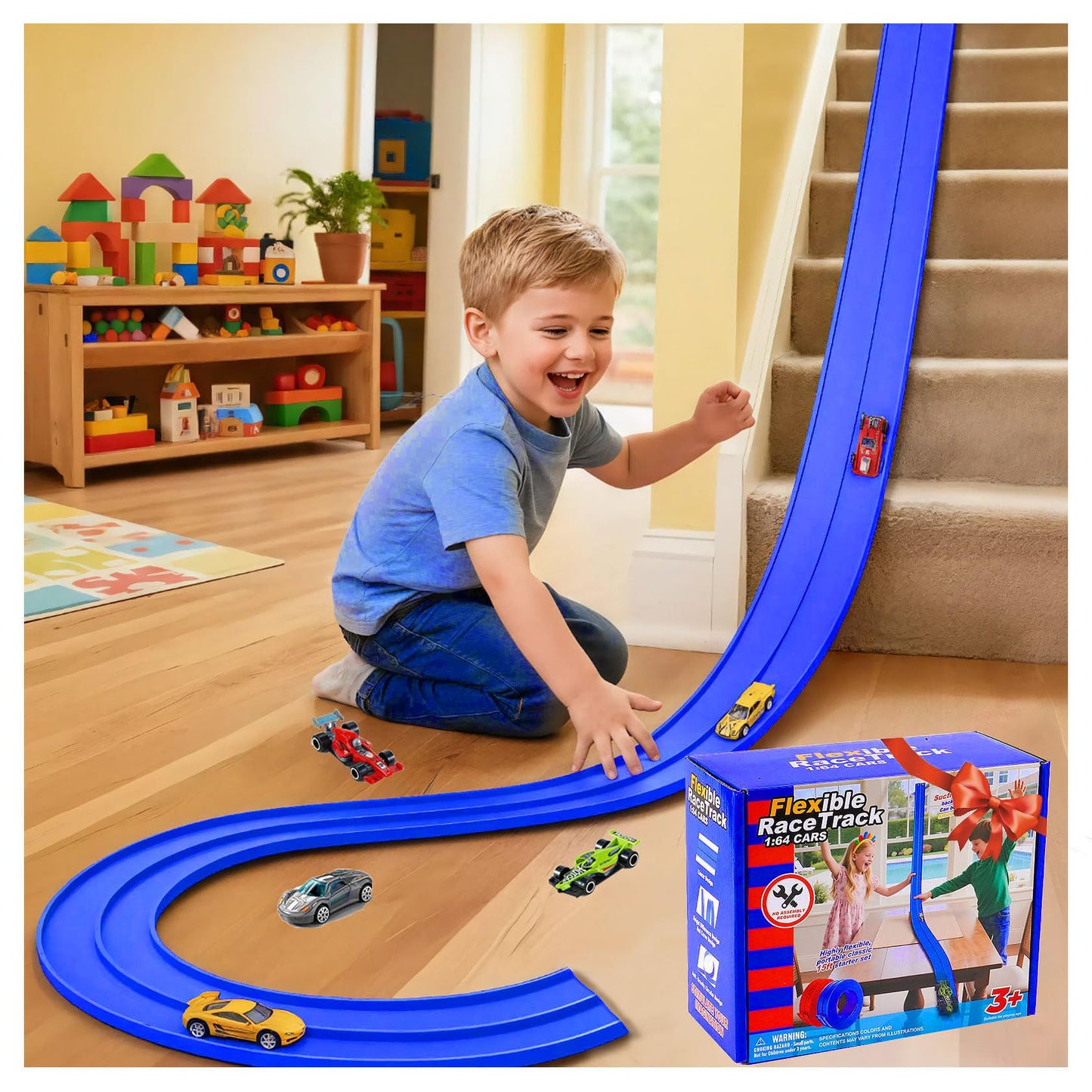 PENIXEL Flex Track 15 Ft Race Car Track – Rolls Up, Suction Cups, 1/64 Cars – Blue