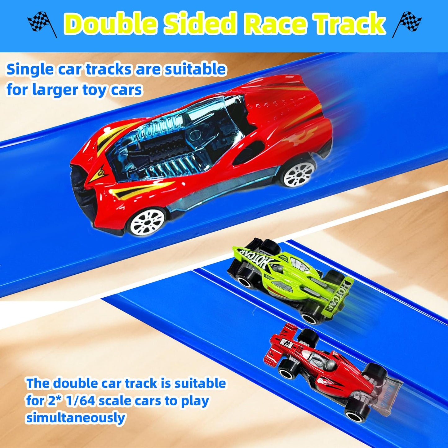 PENIXEL Flex Track 15 Ft Race Car Track – Rolls Up, Suction Cups, 1/64 Cars – Blue