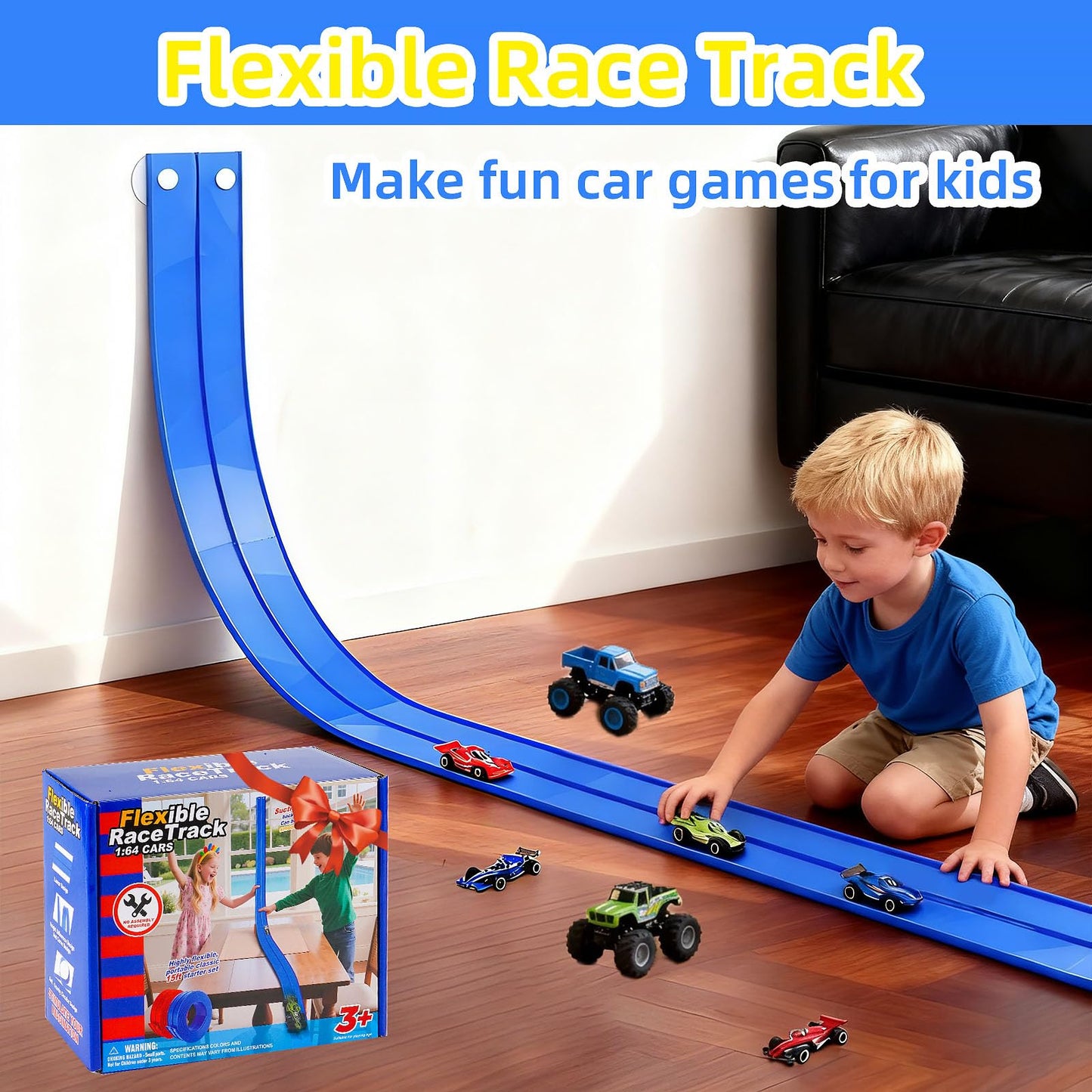 PENIXEL Flex Track 15 Ft Race Car Track – Rolls Up, Suction Cups, 1/64 Cars – Blue