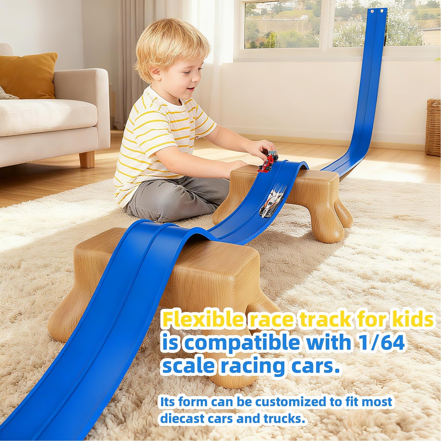 PENIXEL Flex Track 15 Ft Race Car Track – Rolls Up, Suction Cups, 1/64 Cars – Blue