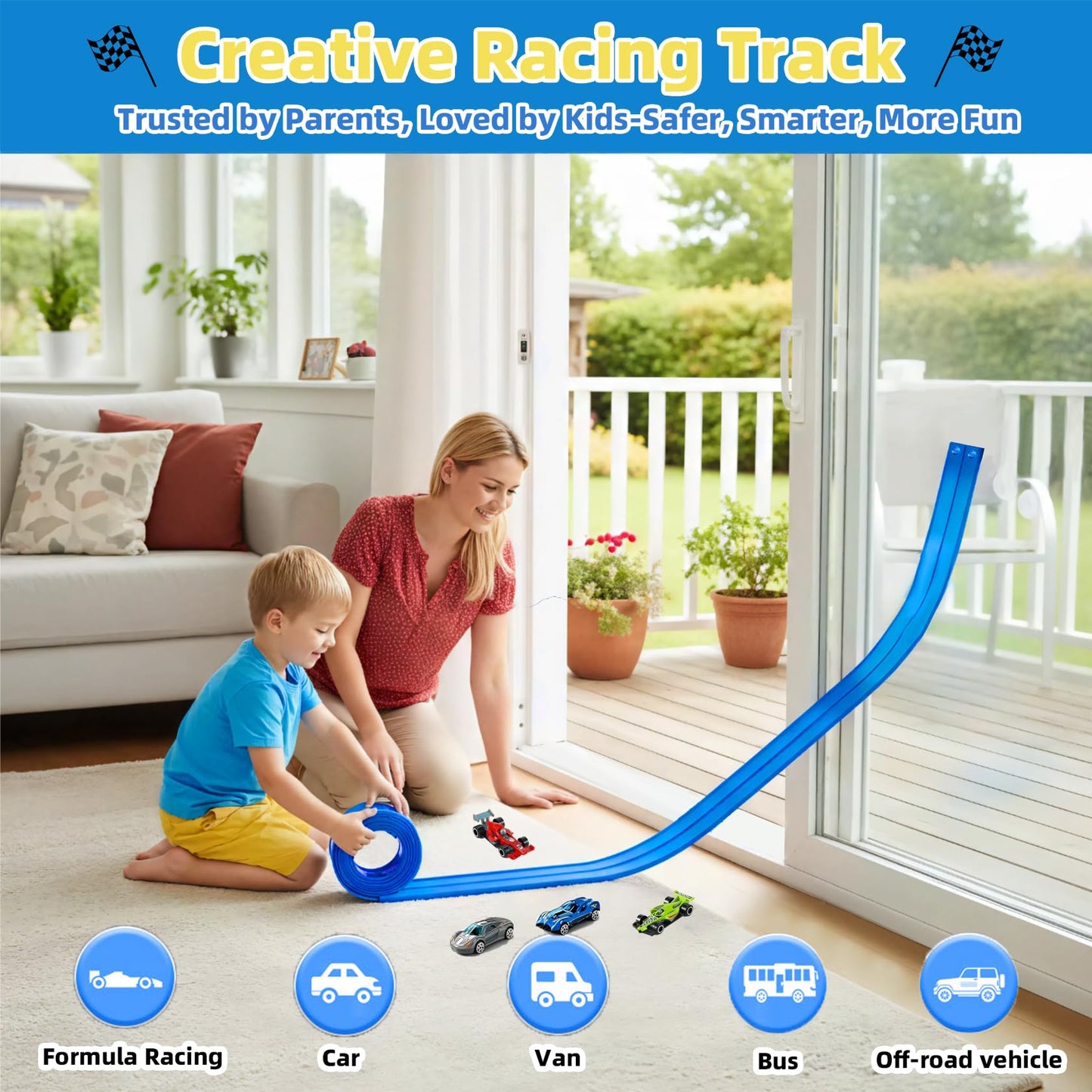 PENIXEL Flex Track 15 Ft Race Car Track – Rolls Up, Suction Cups, 1/64 Cars – Blue