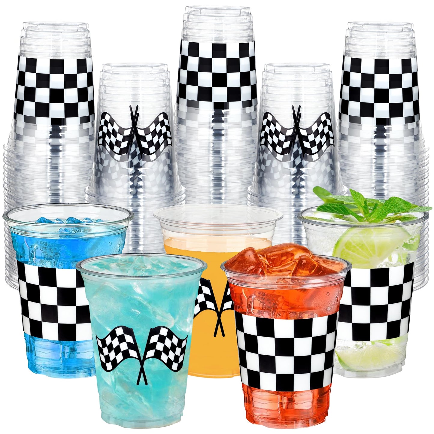 Peony Man 50 Pcs Checkered Racing Cups 16 oz – White & Black Disposable Cups