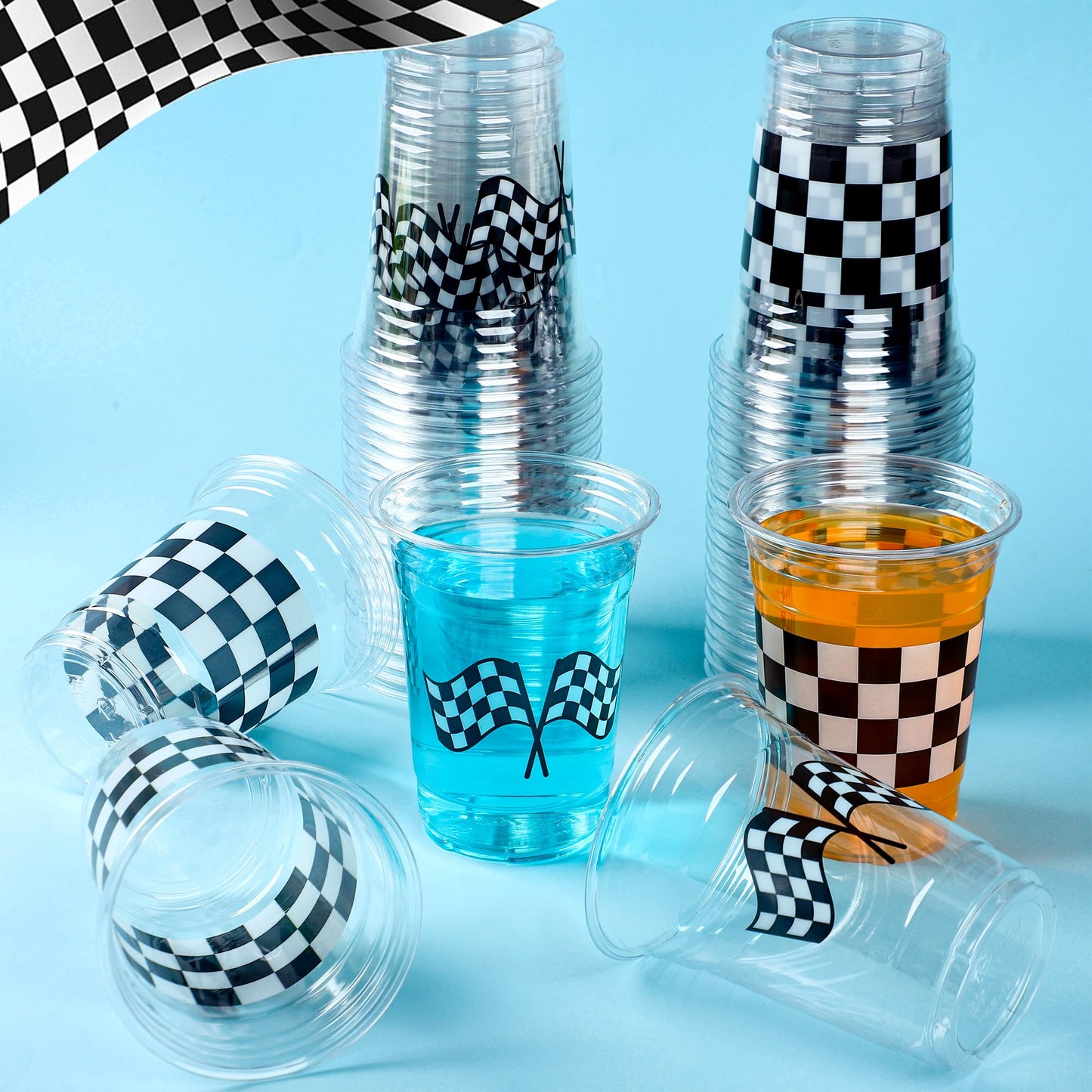 Peony Man 50 Pcs Checkered Racing Cups 16 oz – White & Black Disposable Cups