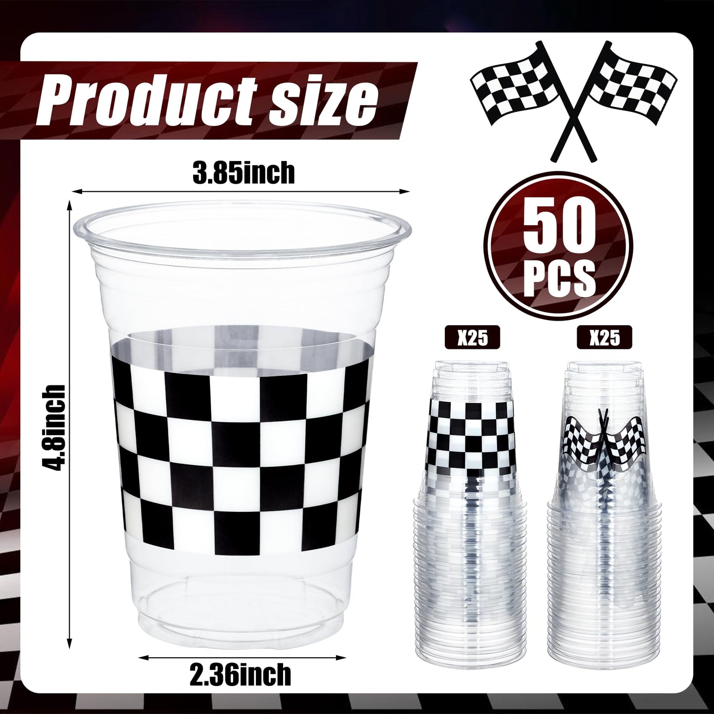 Peony Man 50 Pcs Checkered Racing Cups 16 oz – White & Black Disposable Cups