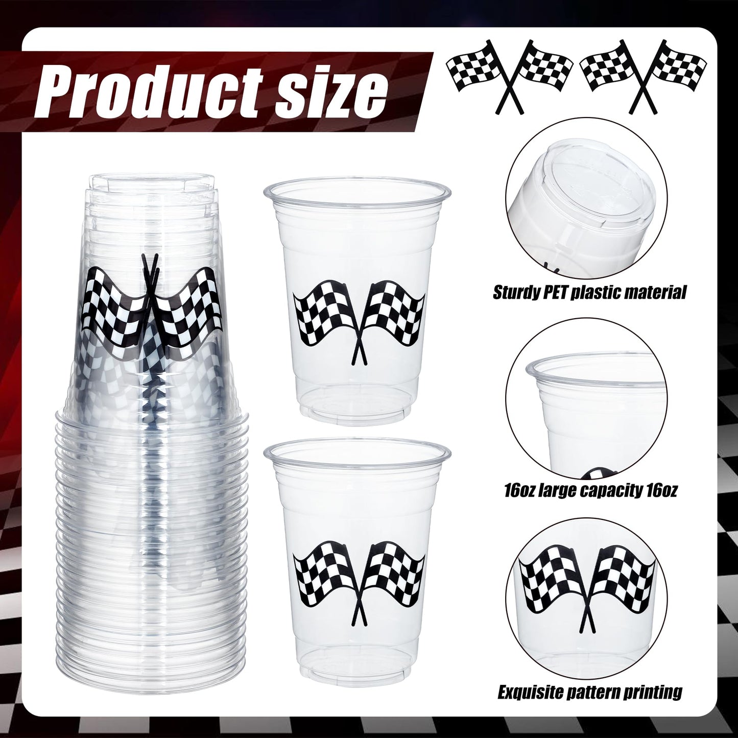Peony Man 50 Pcs Checkered Racing Cups 16 oz – White & Black Disposable Cups