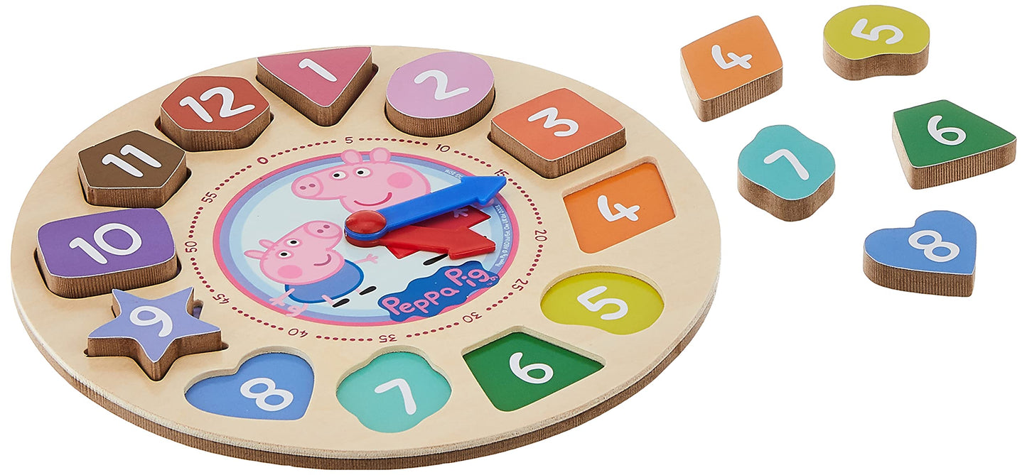 Peppa Pig Shape Sorter Clock Puzzle – 14-Piece Wooden Toddler Puzzle (36–48 Months)