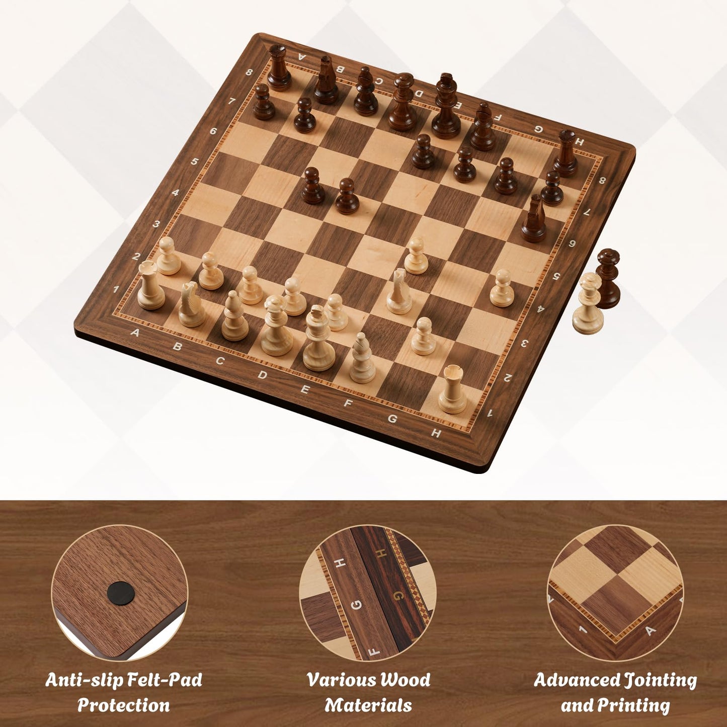 Peradix Wooden Chess Board - 18.89-inch Walnut & Maple Inlaid, Tournament-Grade (No Pieces)