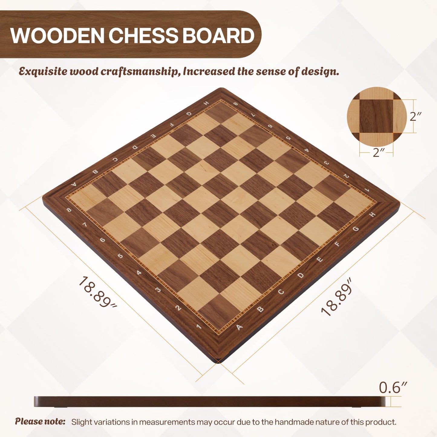 Peradix Wooden Chess Board - 18.89-inch Walnut & Maple Inlaid, Tournament-Grade (No Pieces)