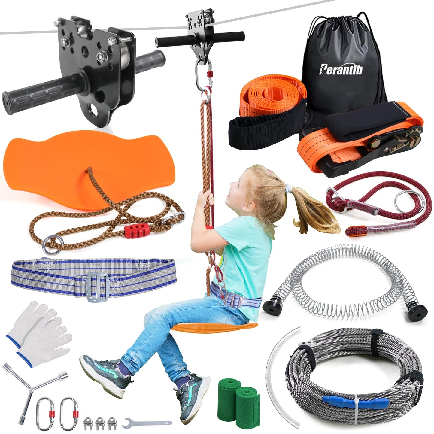 Perantlb Zipline Kit for Backyard – 80ft Cable, 6ft Spring Brake, Trolley, Seat & Bag