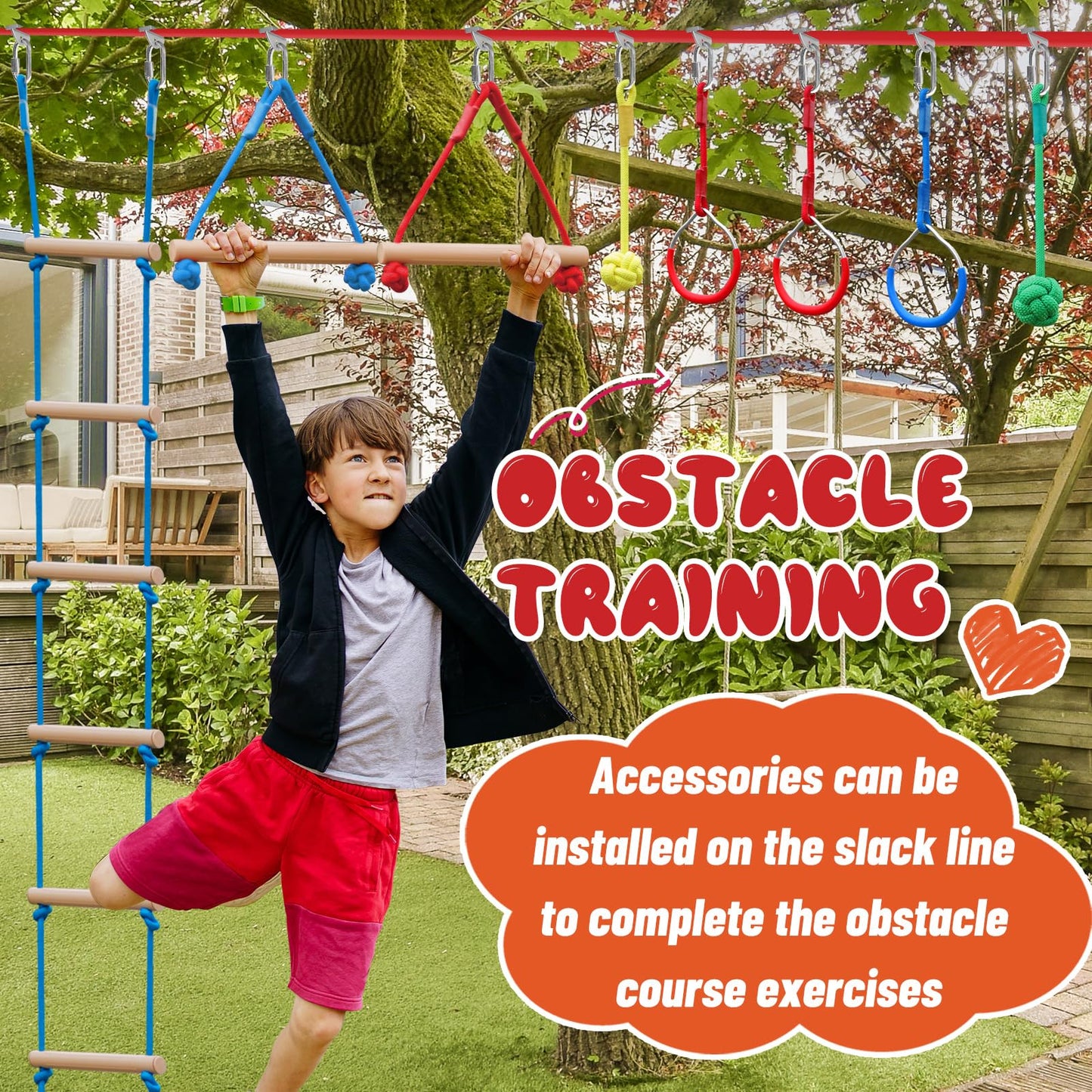 Perantlb Ninja Warrior Obstacle Course for Kids – 60ft Slackline & 8 Accessories