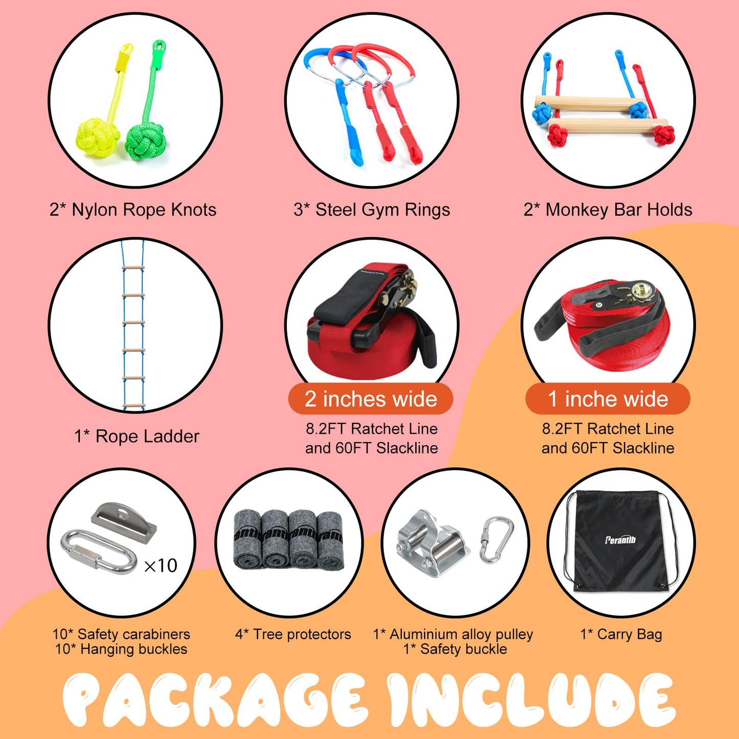 Perantlb Ninja Warrior Obstacle Course for Kids – 60ft Slackline & 8 Accessories