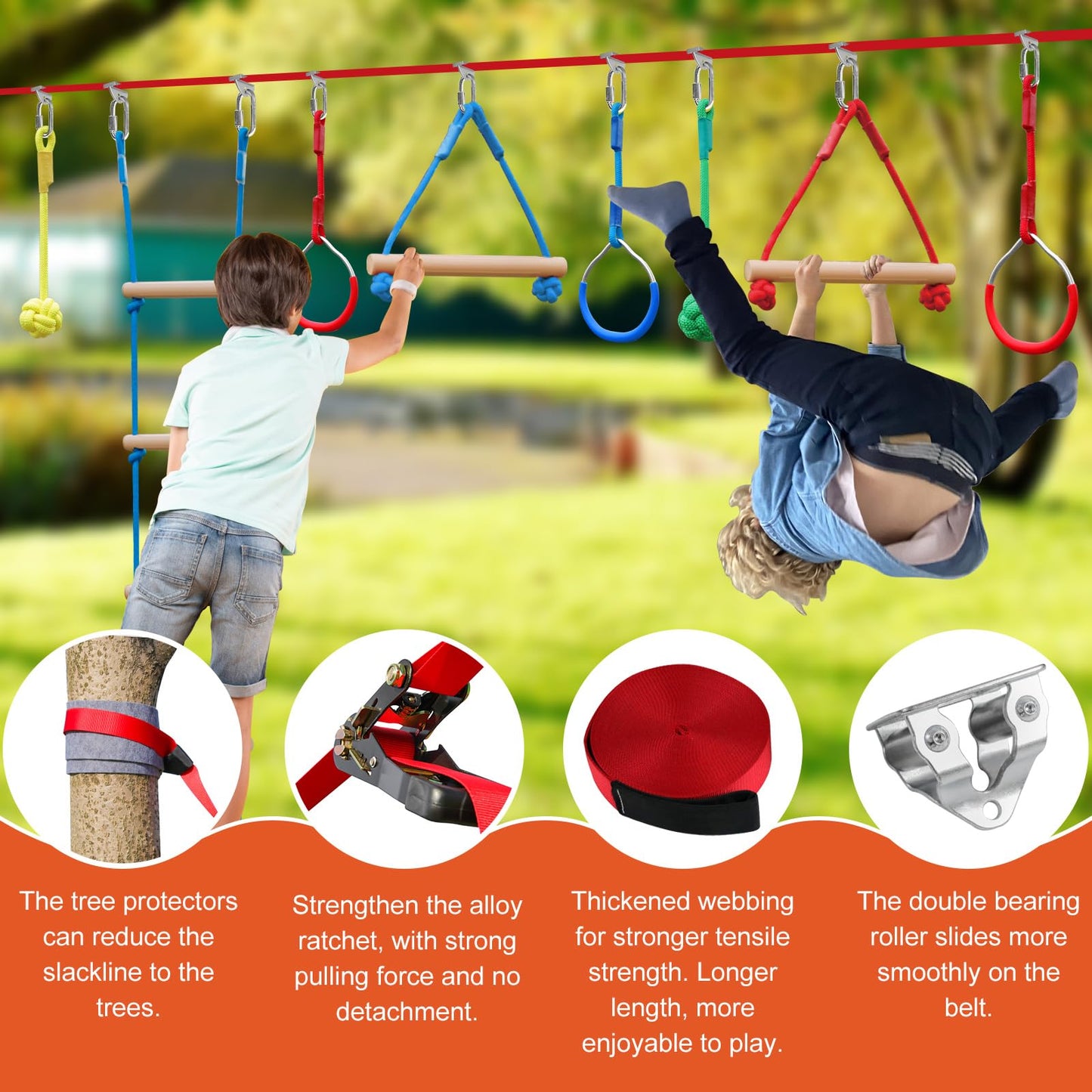Perantlb Ninja Warrior Obstacle Course for Kids – 60ft Slackline & 8 Accessories