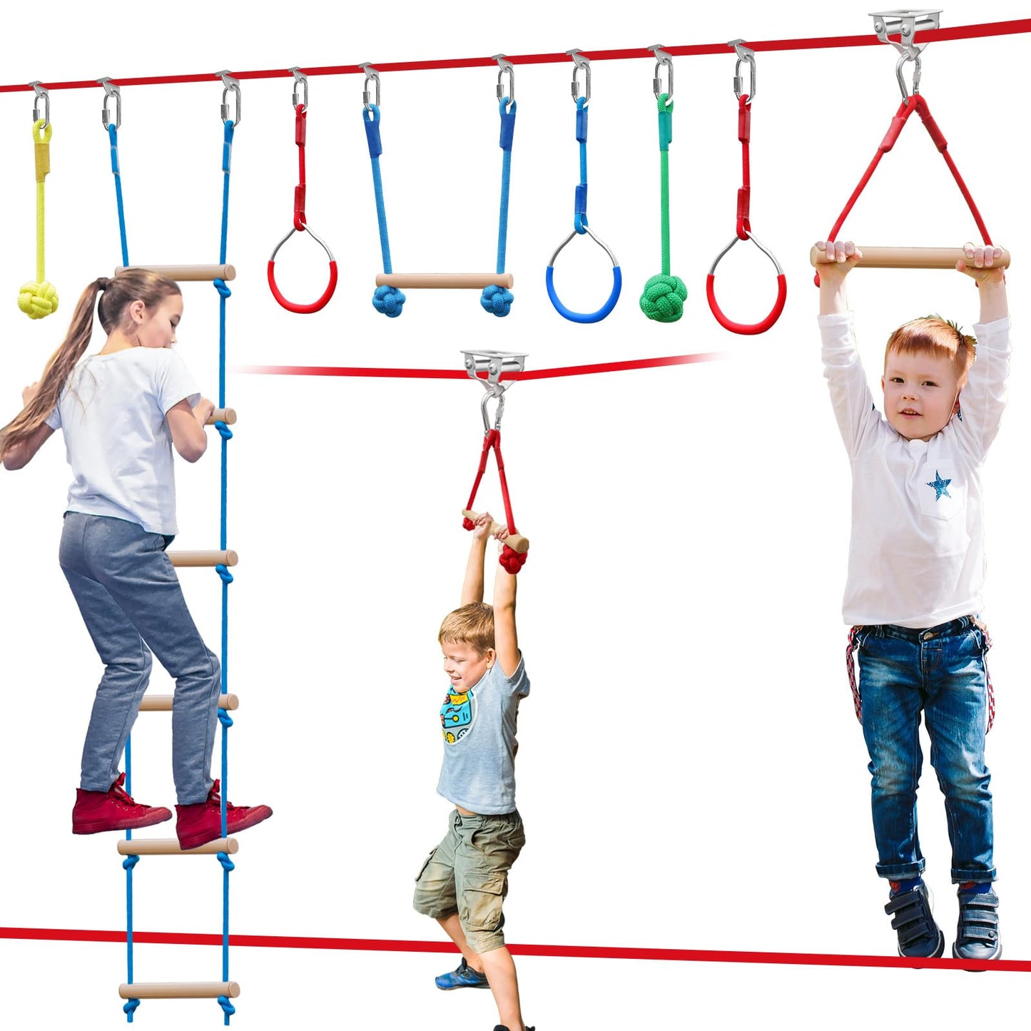Perantlb Ninja Warrior Obstacle Course for Kids – 60ft Slackline & 8 Accessories
