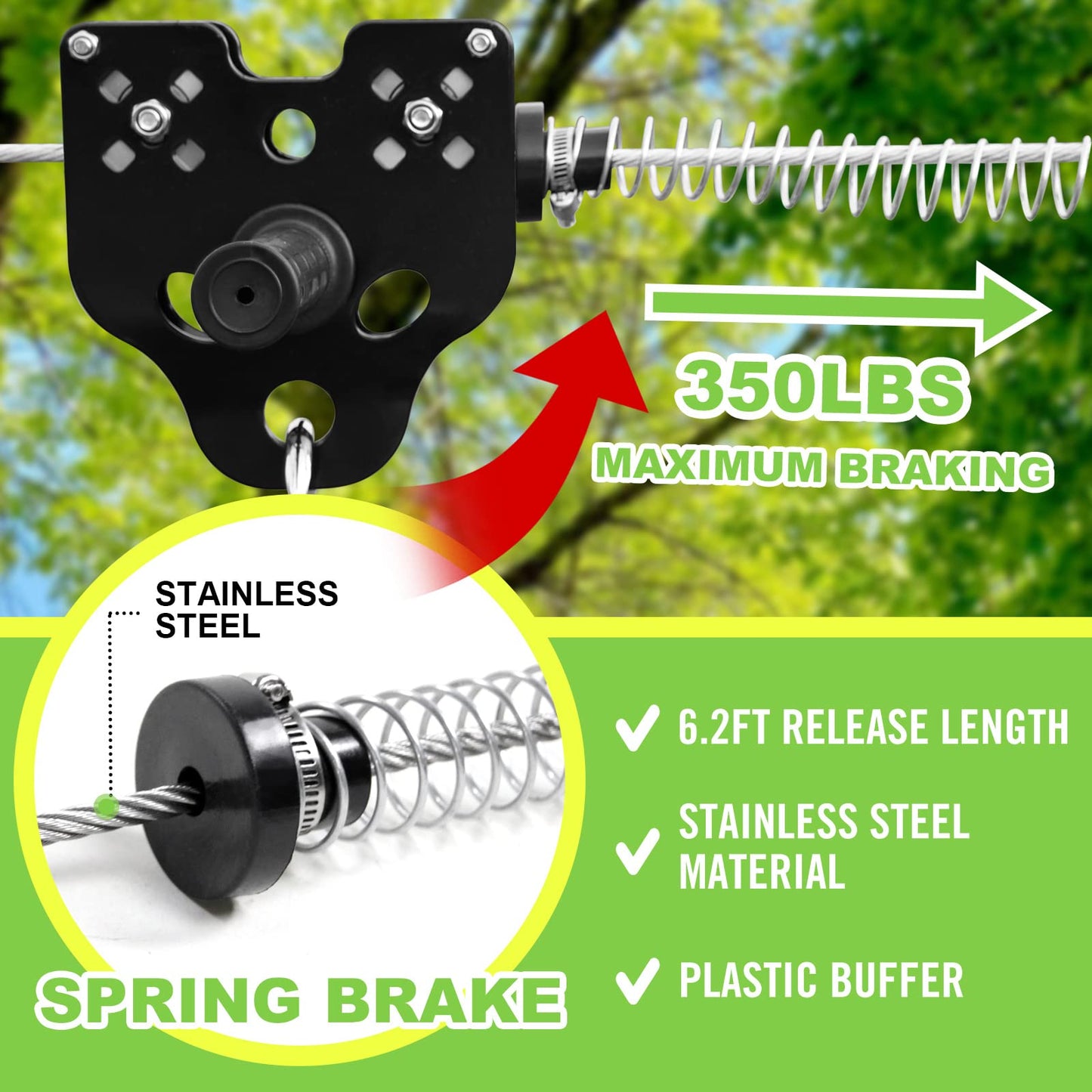 Perantlb Zipline Kit — 120ft Backyard Zipline for Kids and Adults with 6ft Spring Brake, Trolley, Seat & Bag