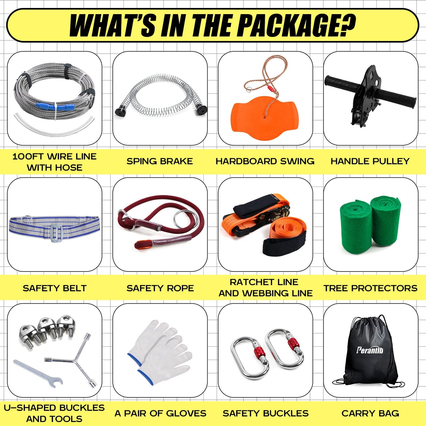 Perantlb Zipline Kit for Backyard – 100ft Cable, 6ft Spring Brake, Trolley, Seat & Bag