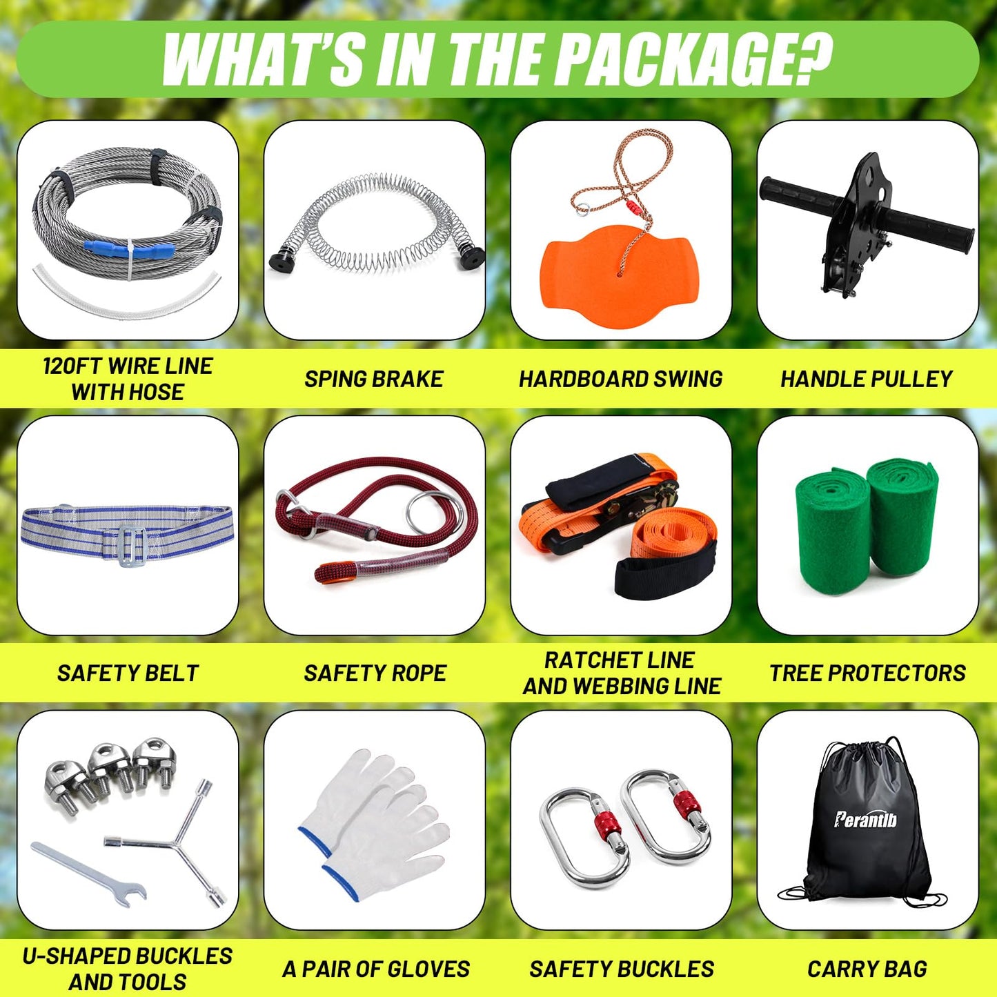 Perantlb Zipline Kit — 120ft Backyard Zipline for Kids and Adults with 6ft Spring Brake, Trolley, Seat & Bag