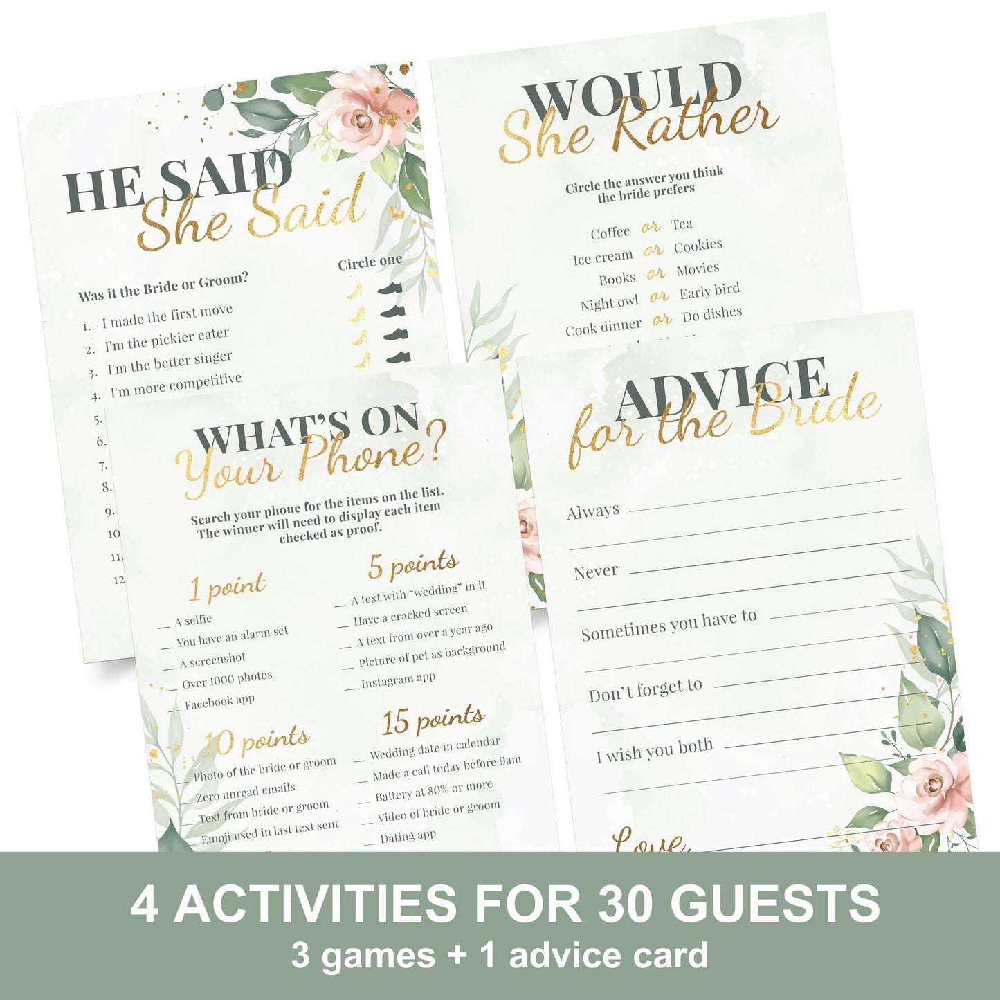Perfect Occasion Bridal Shower Games + Advice Cards (30 Guests) – Greenery Floral with Gold Details
