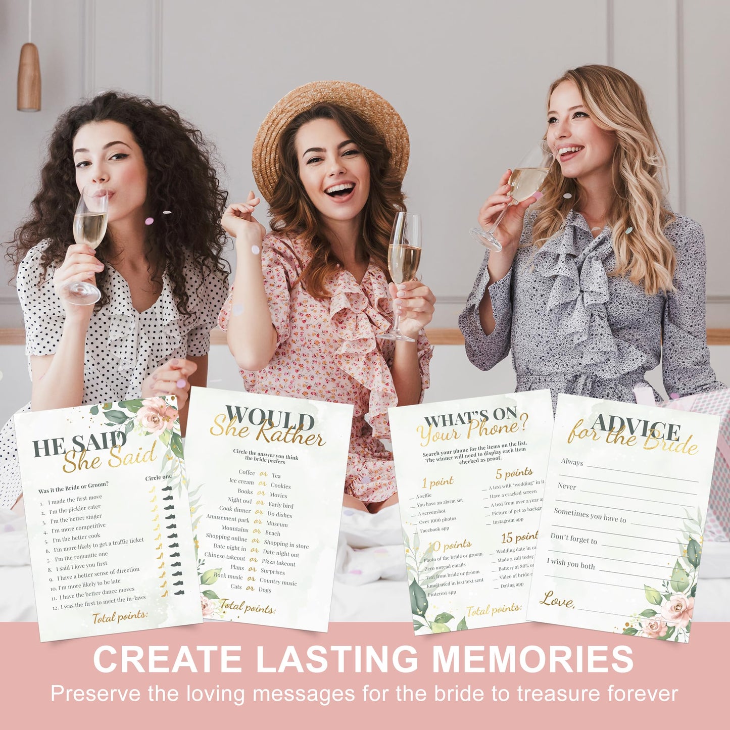 Perfect Occasion Bridal Shower Games + Advice Cards (30 Guests) – Greenery Floral with Gold Details