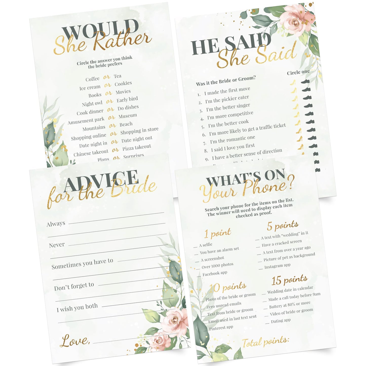 Perfect Occasion Bridal Shower Games + Advice Cards (30 Guests) – Greenery Floral with Gold Details