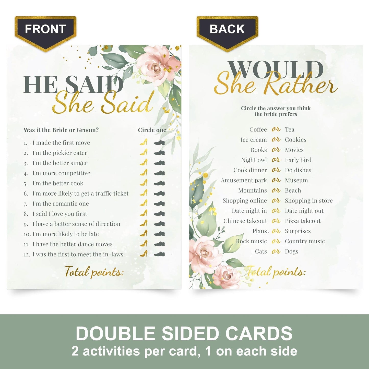 Perfect Occasion Bridal Shower Games + Advice Cards (30 Guests) – Greenery Floral with Gold Details