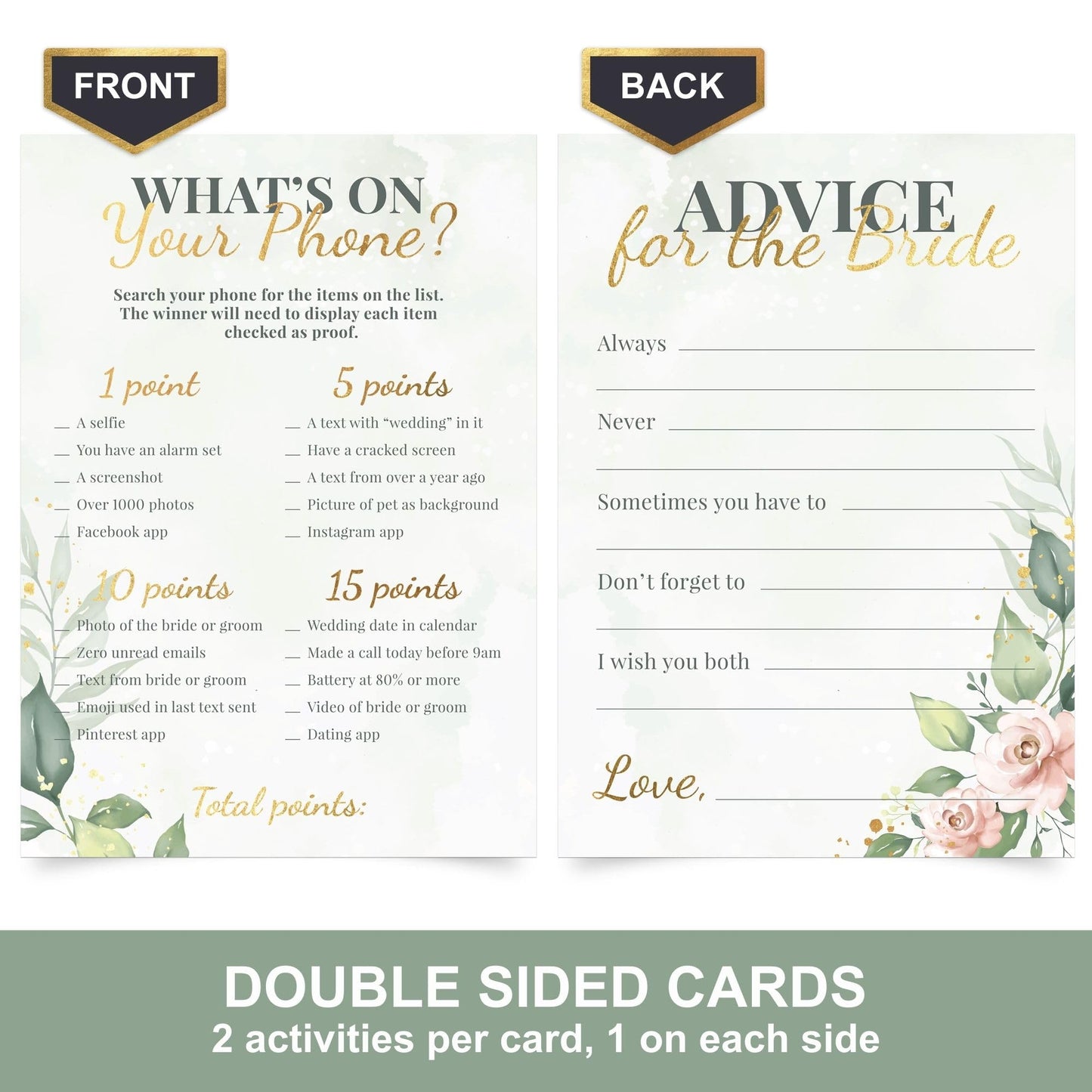 Perfect Occasion Bridal Shower Games + Advice Cards (30 Guests) – Greenery Floral with Gold Details