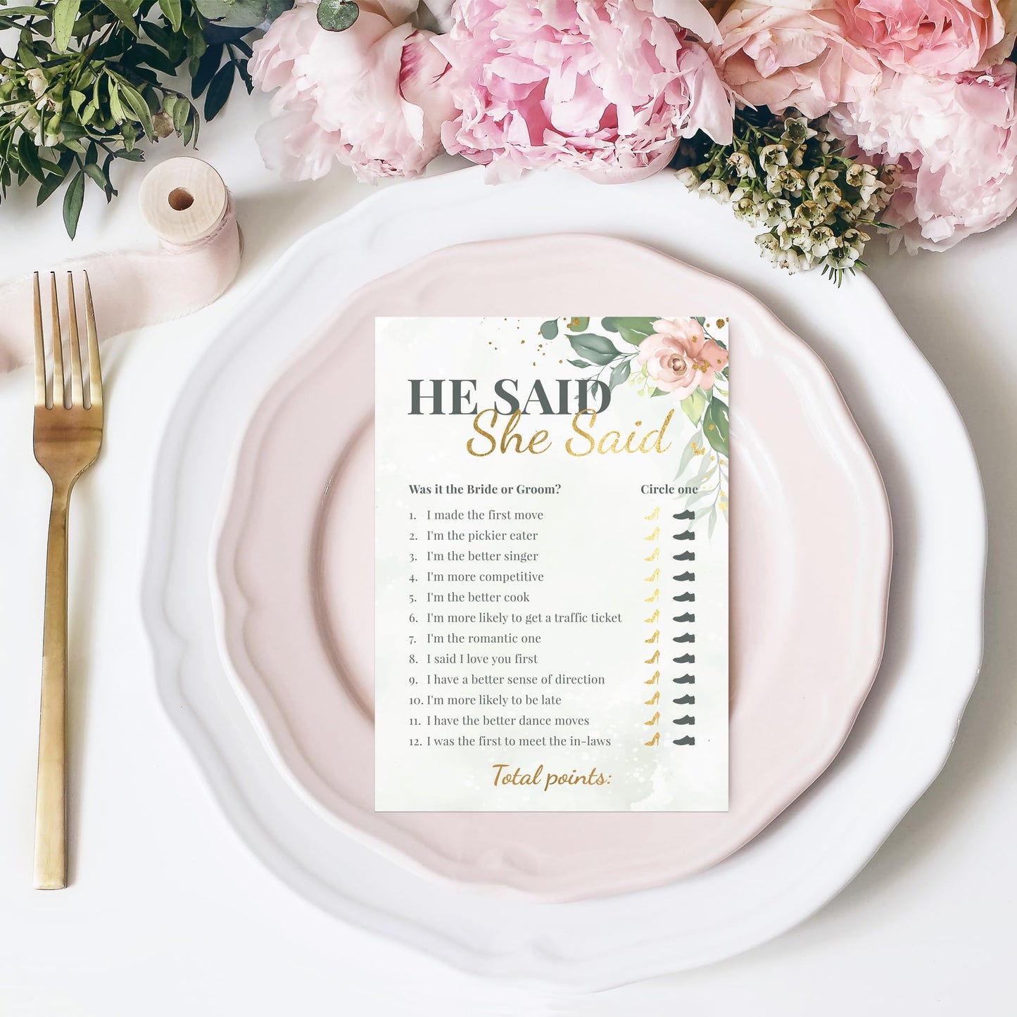 Perfect Occasion Bridal Shower Games + Advice Cards (30 Guests) – Greenery Floral with Gold Details