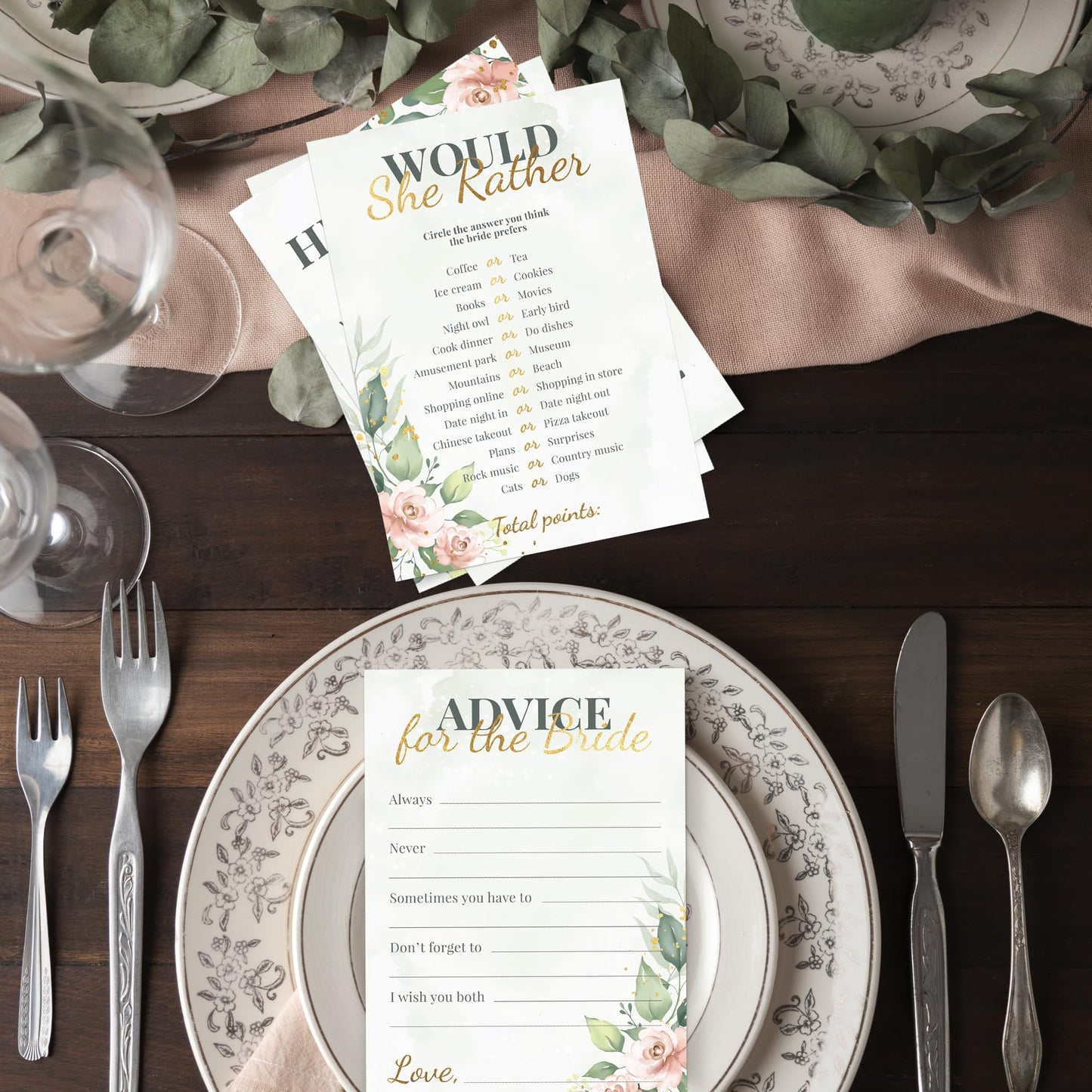 Perfect Occasion Bridal Shower Games + Advice Cards (30 Guests) – Greenery Floral with Gold Details