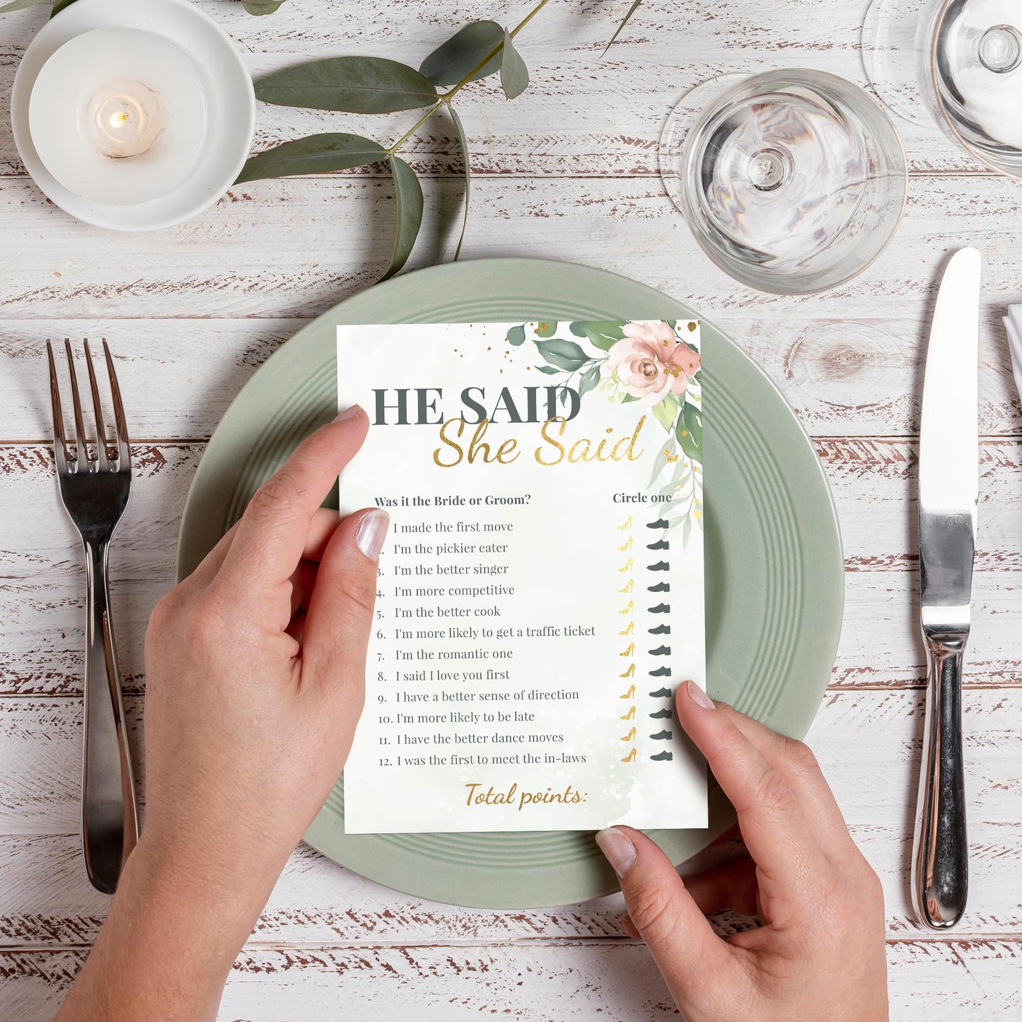 Perfect Occasion Bridal Shower Games + Advice Cards (30 Guests) – Greenery Floral with Gold Details
