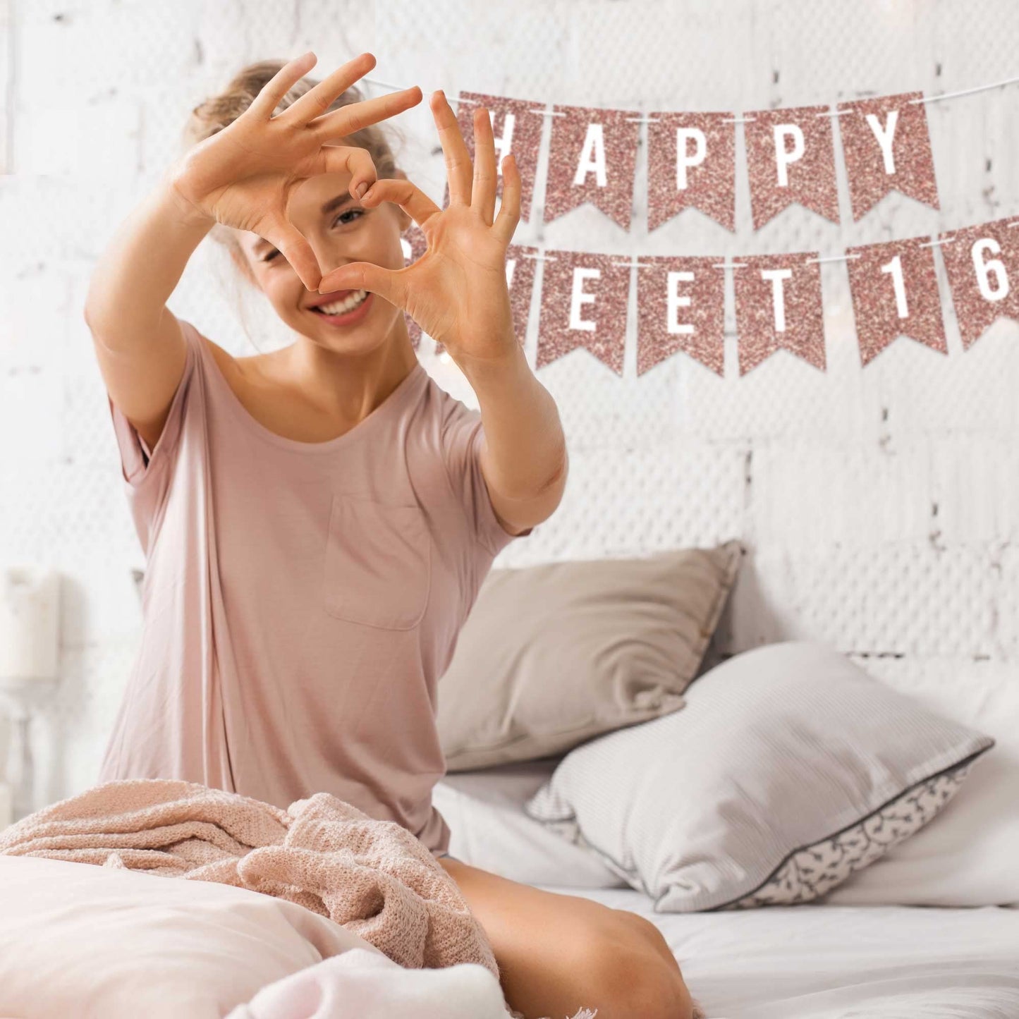 Perfect Occasion Pre-Strung Happy Sweet 16 Banner – No DIY, Rose Gold Glitter, 6 ft