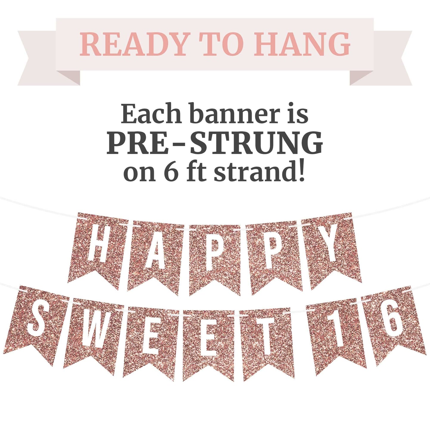 Perfect Occasion Pre-Strung Happy Sweet 16 Banner – No DIY, Rose Gold Glitter, 6 ft