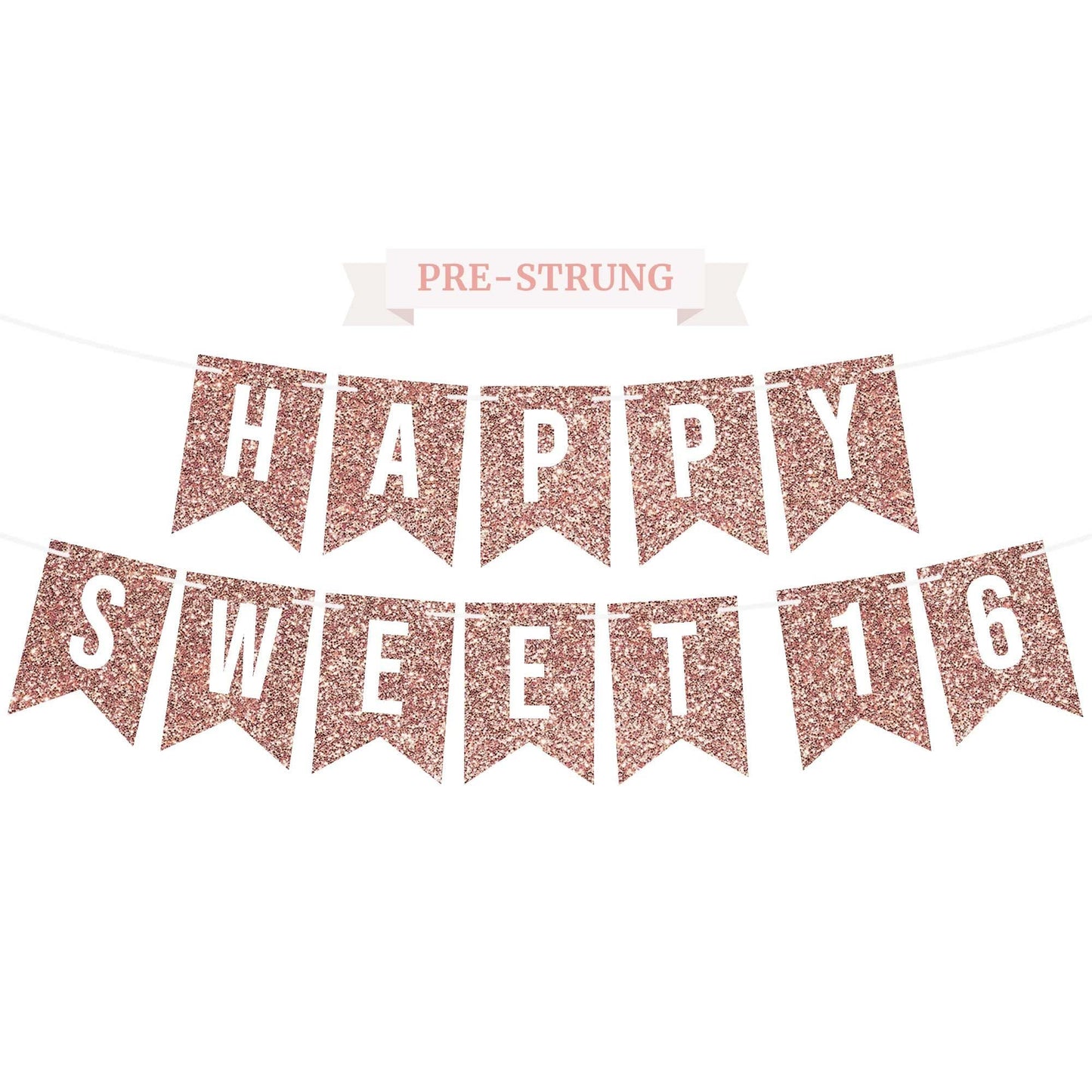 Perfect Occasion Pre-Strung Happy Sweet 16 Banner – No DIY, Rose Gold Glitter, 6 ft
