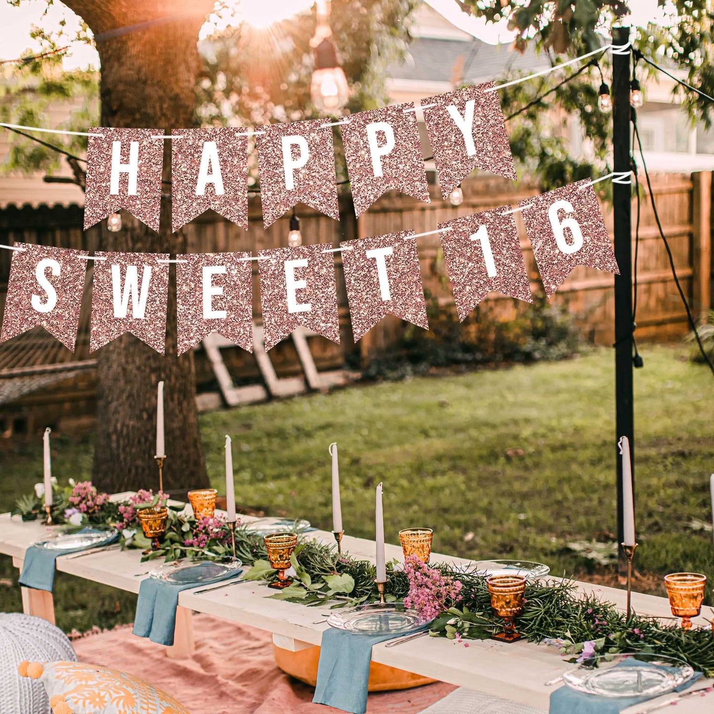 Perfect Occasion Pre-Strung Happy Sweet 16 Banner – No DIY, Rose Gold Glitter, 6 ft