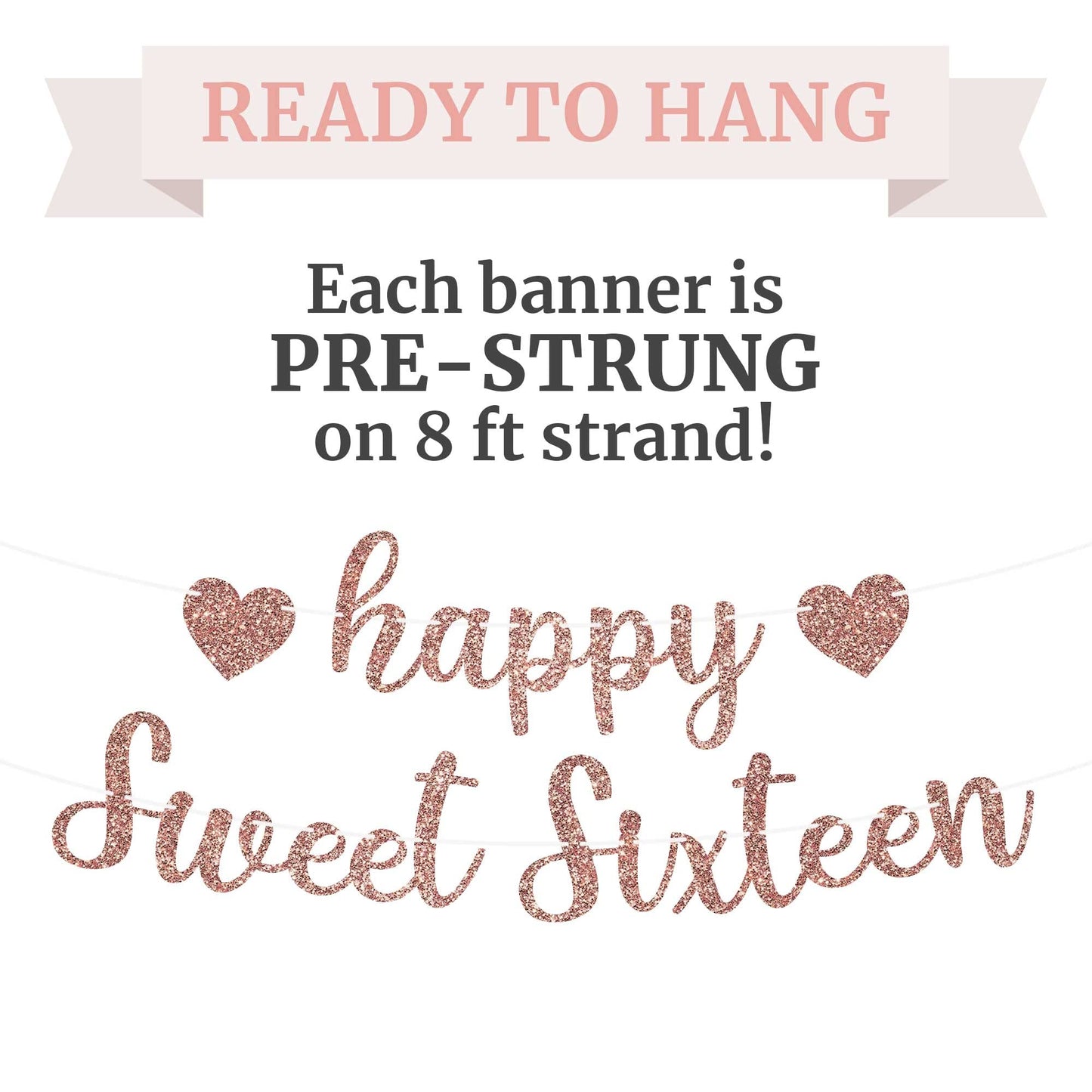 Perfect Occasion Pre-Strung Happy Sweet Sixteen Banner - Rose Gold Glitter, No DIY, 8 ft Strands