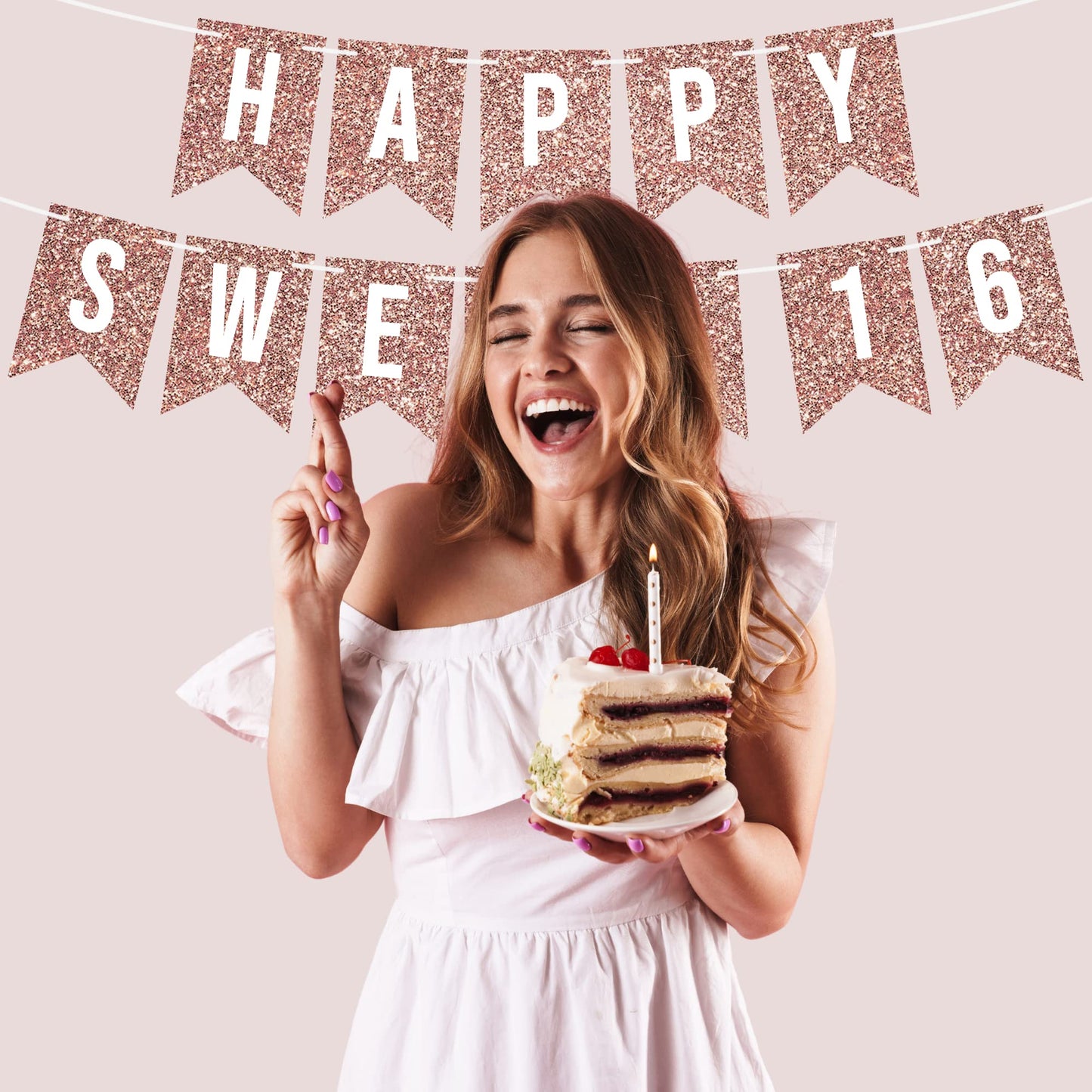 Perfect Occasion Pre-Strung Happy Sweet 16 Banner – No DIY, Rose Gold Glitter, 6 ft