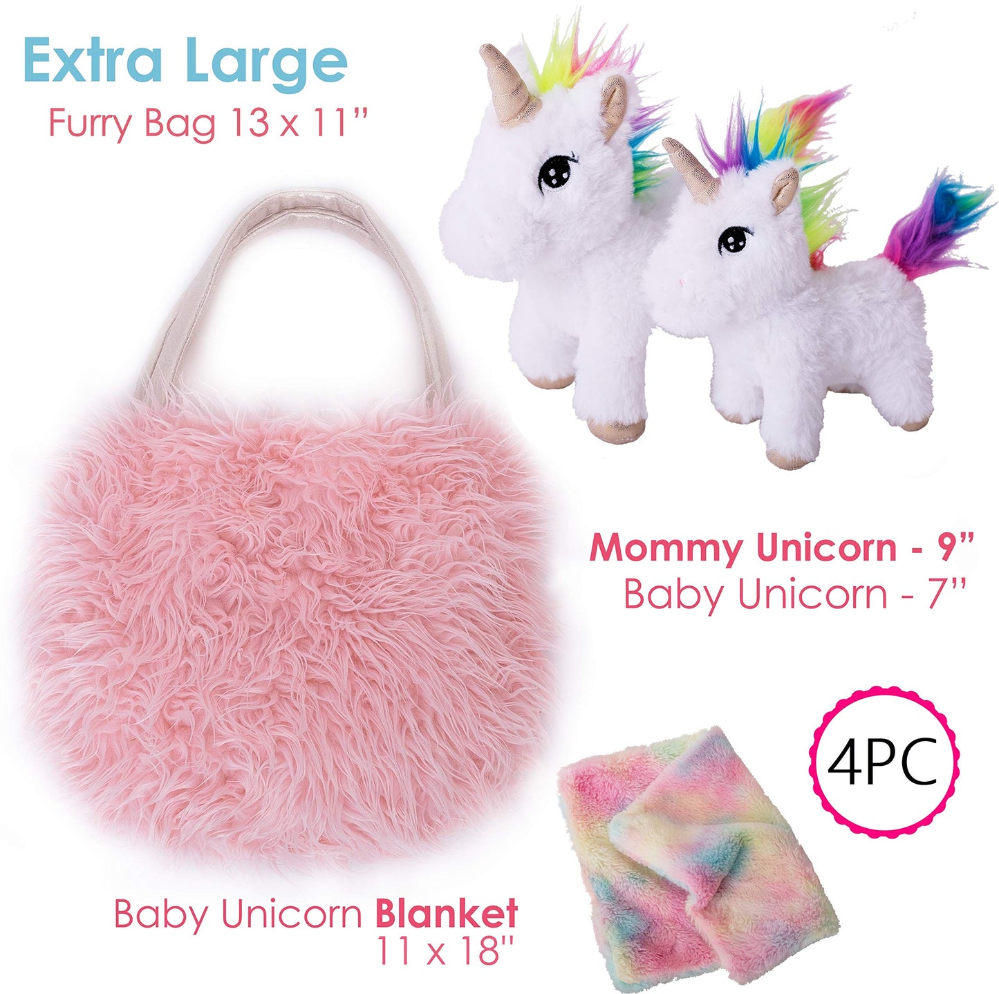 Perfectto Design Unicorn Toy Set for Girls Ages 3-6 – 4-Piece Plush Set with Mommy & Baby Unicorns, Blanket & XL Pink Purse