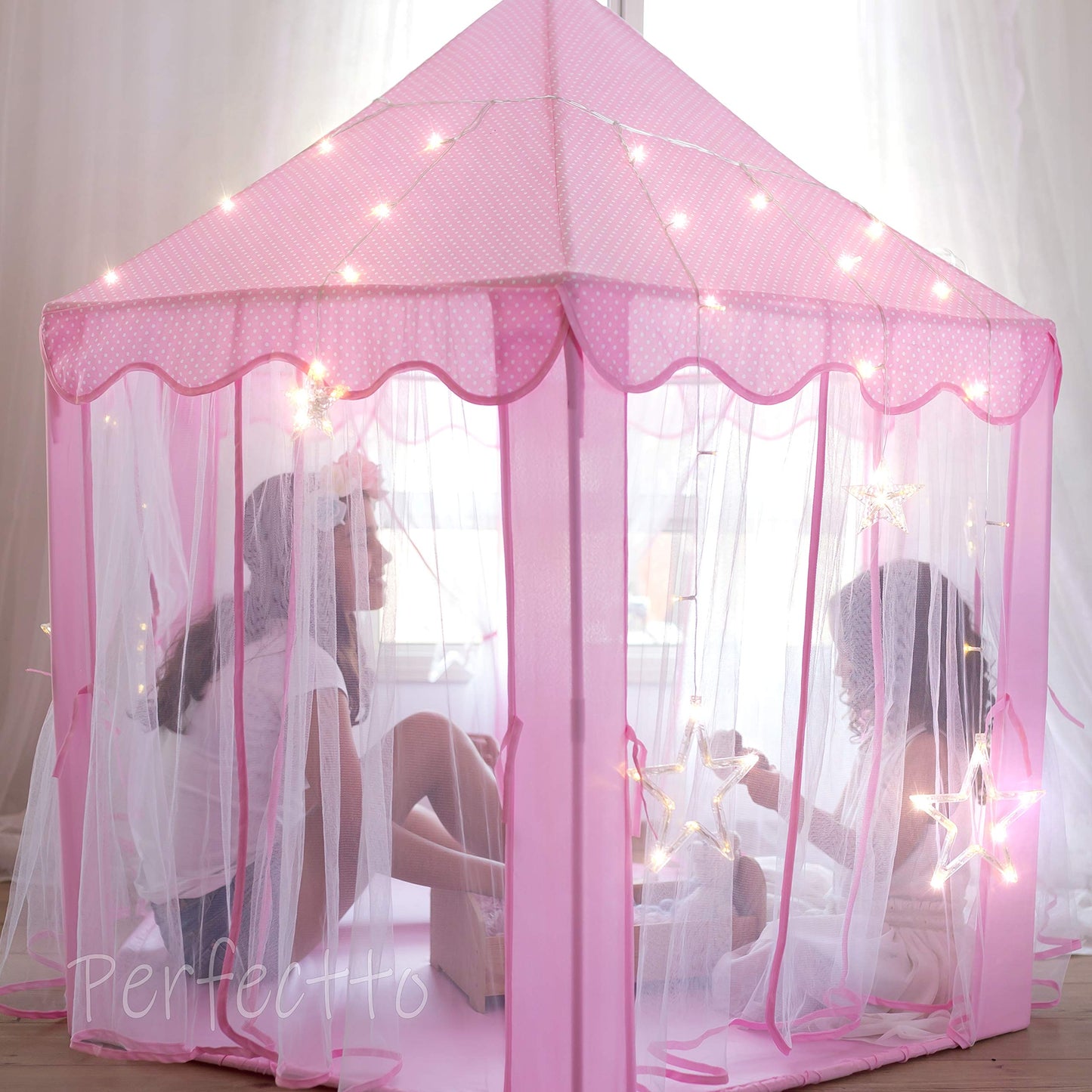 Perfectto Design Princess Castle Play Tent with Star Lights – Indoor Play for Girls 3-7