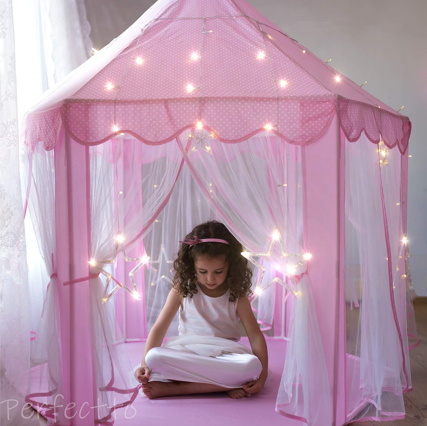 Perfectto Design Princess Castle Play Tent with Star Lights – Indoor Play for Girls 3-7