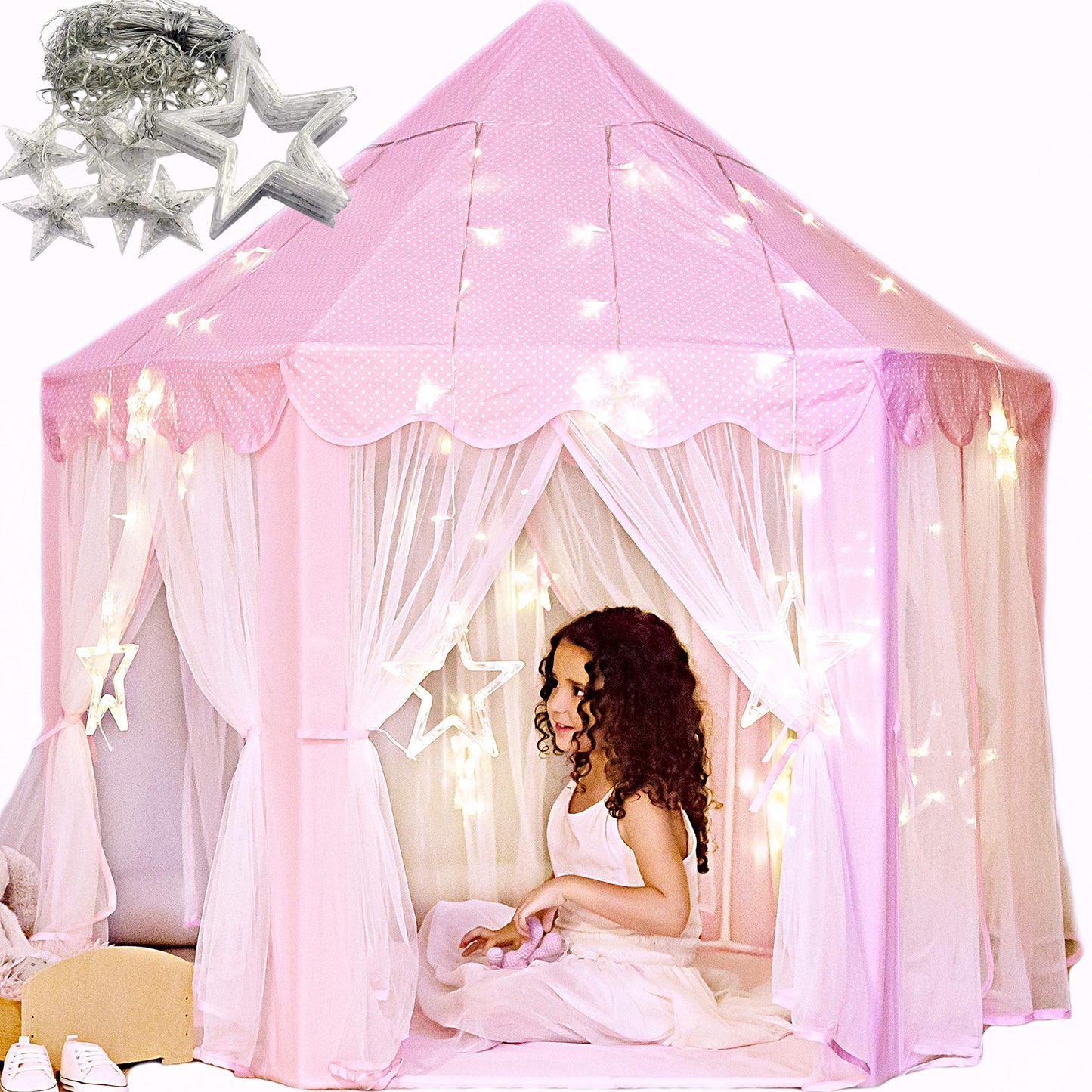 Perfectto Design Princess Castle Play Tent with Star Lights – Indoor Play for Girls 3-7