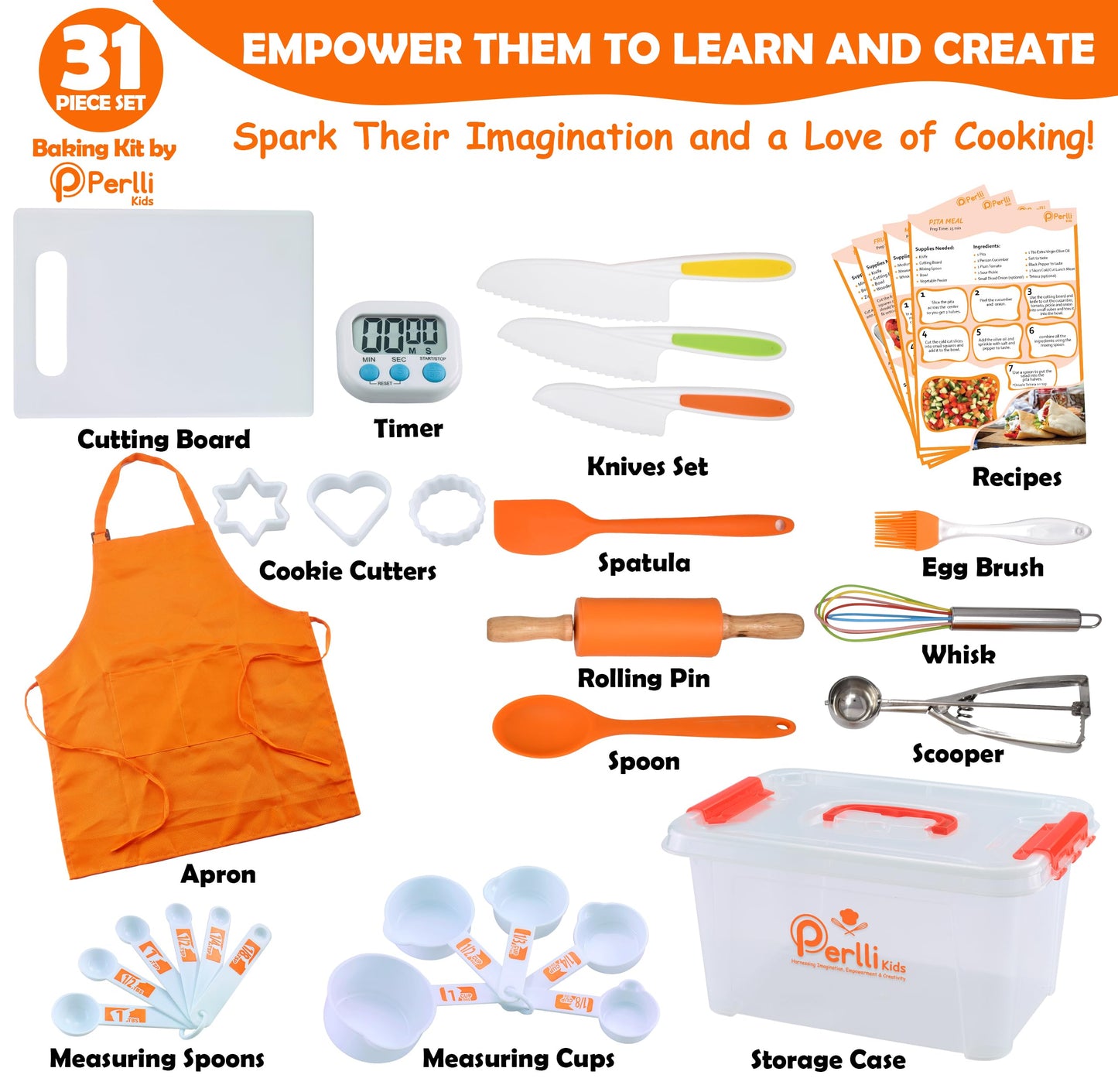 PERLLI Kids Real Cooking Set – 31 Pc Chef Kit for Ages 6+