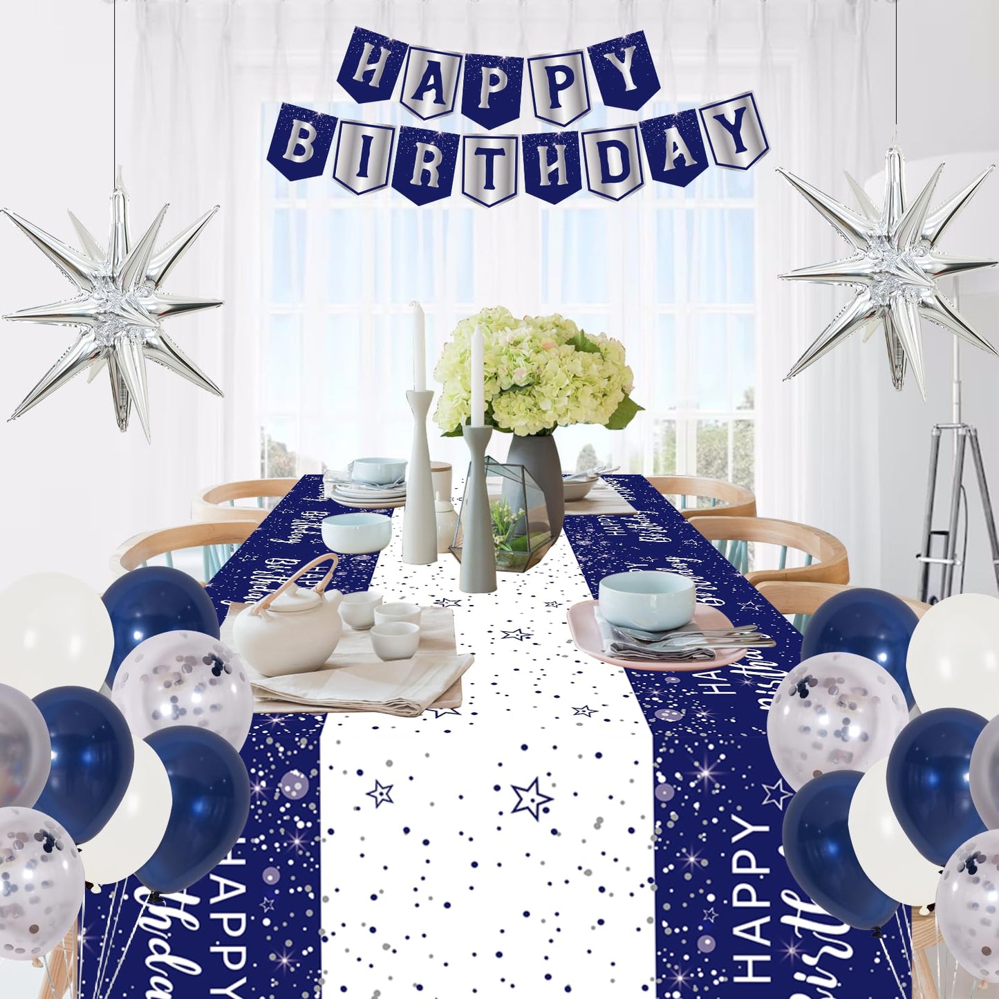 Perpetily Navy Blue Birthday Decorations Kit — 80 PCS Blue & Silver Party Supplies with Backdrop & Balloons