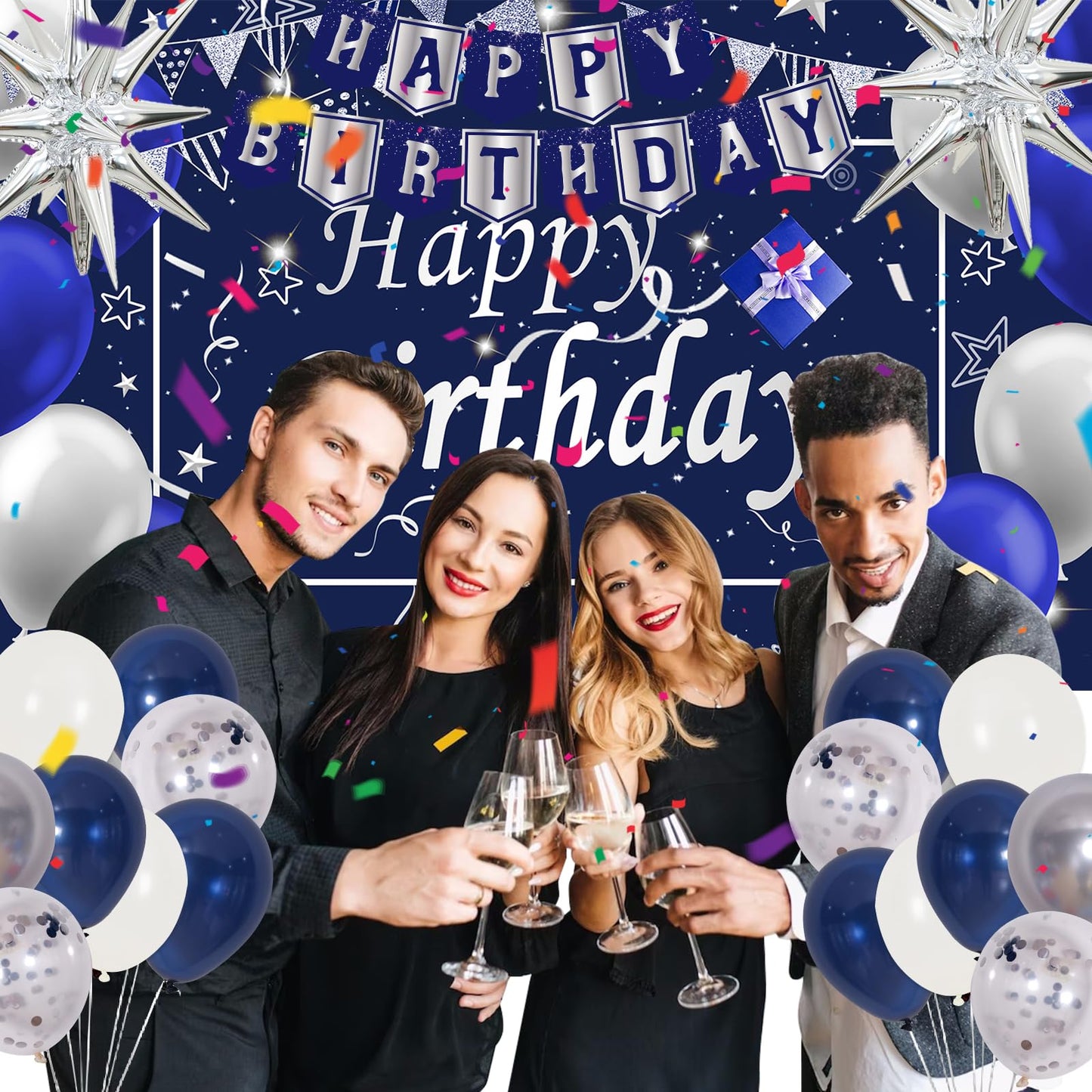 Perpetily Navy Blue Birthday Decorations Kit — 80 PCS Blue & Silver Party Supplies with Backdrop & Balloons
