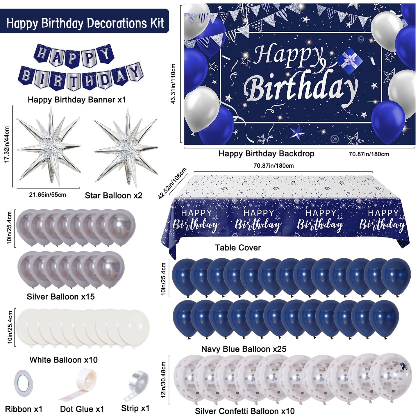 Perpetily Navy Blue Birthday Decorations Kit — 80 PCS Blue & Silver Party Supplies with Backdrop & Balloons