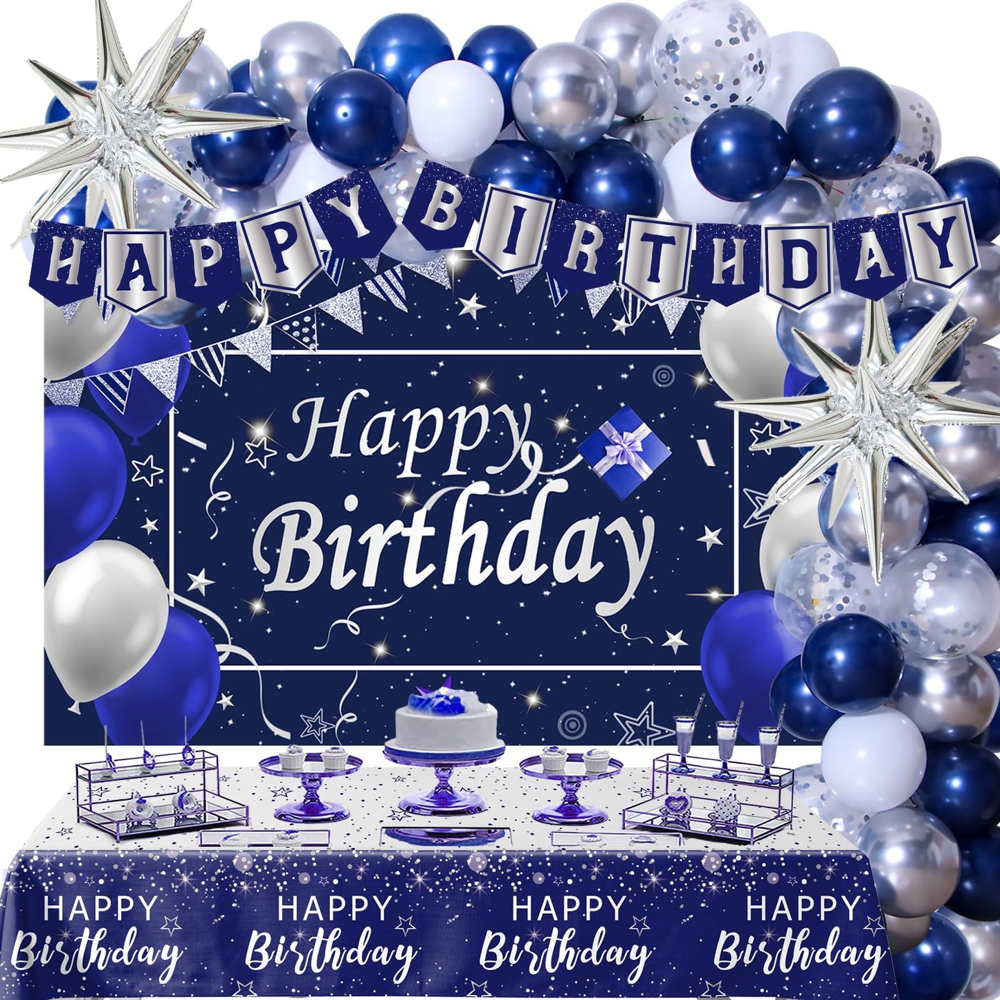 Perpetily Navy Blue Birthday Decorations Kit — 80 PCS Blue & Silver Party Supplies with Backdrop & Balloons