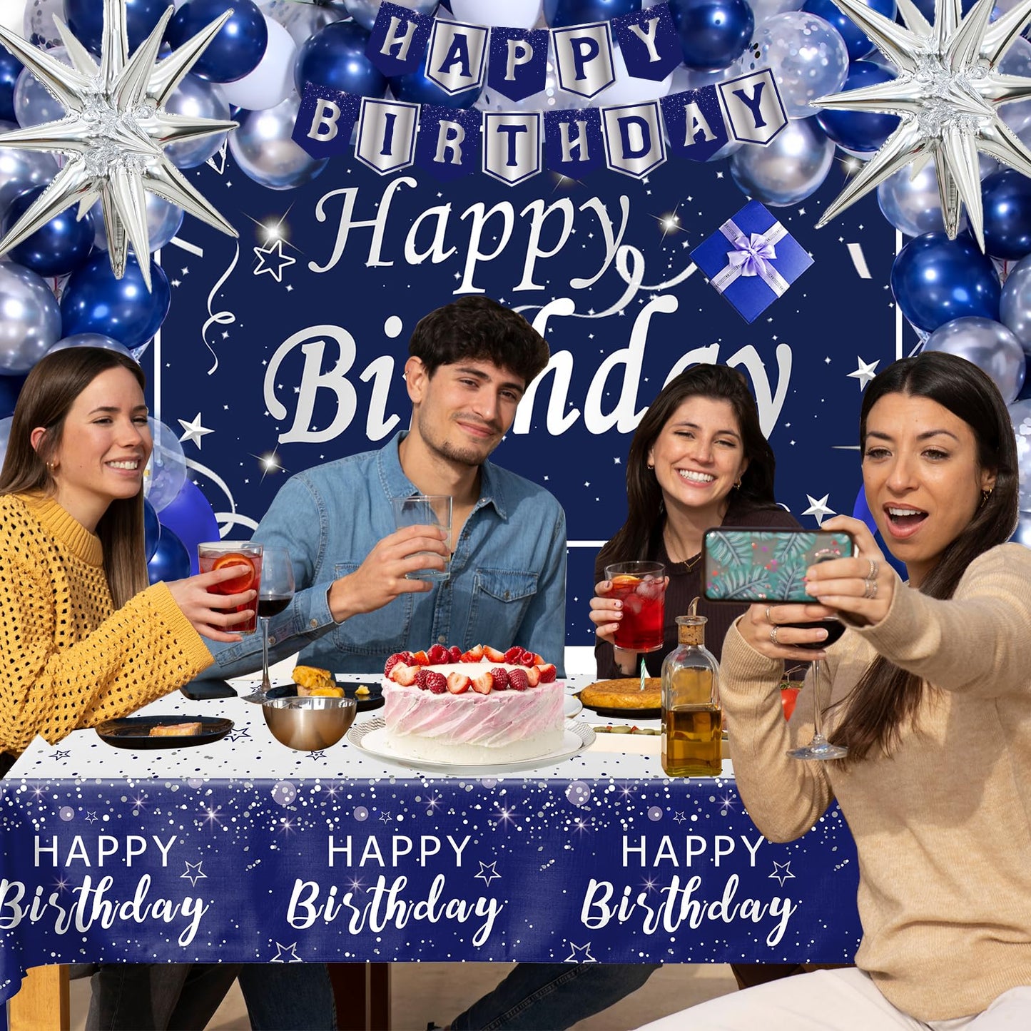 Perpetily Navy Blue Birthday Decorations Kit — 80 PCS Blue & Silver Party Supplies with Backdrop & Balloons