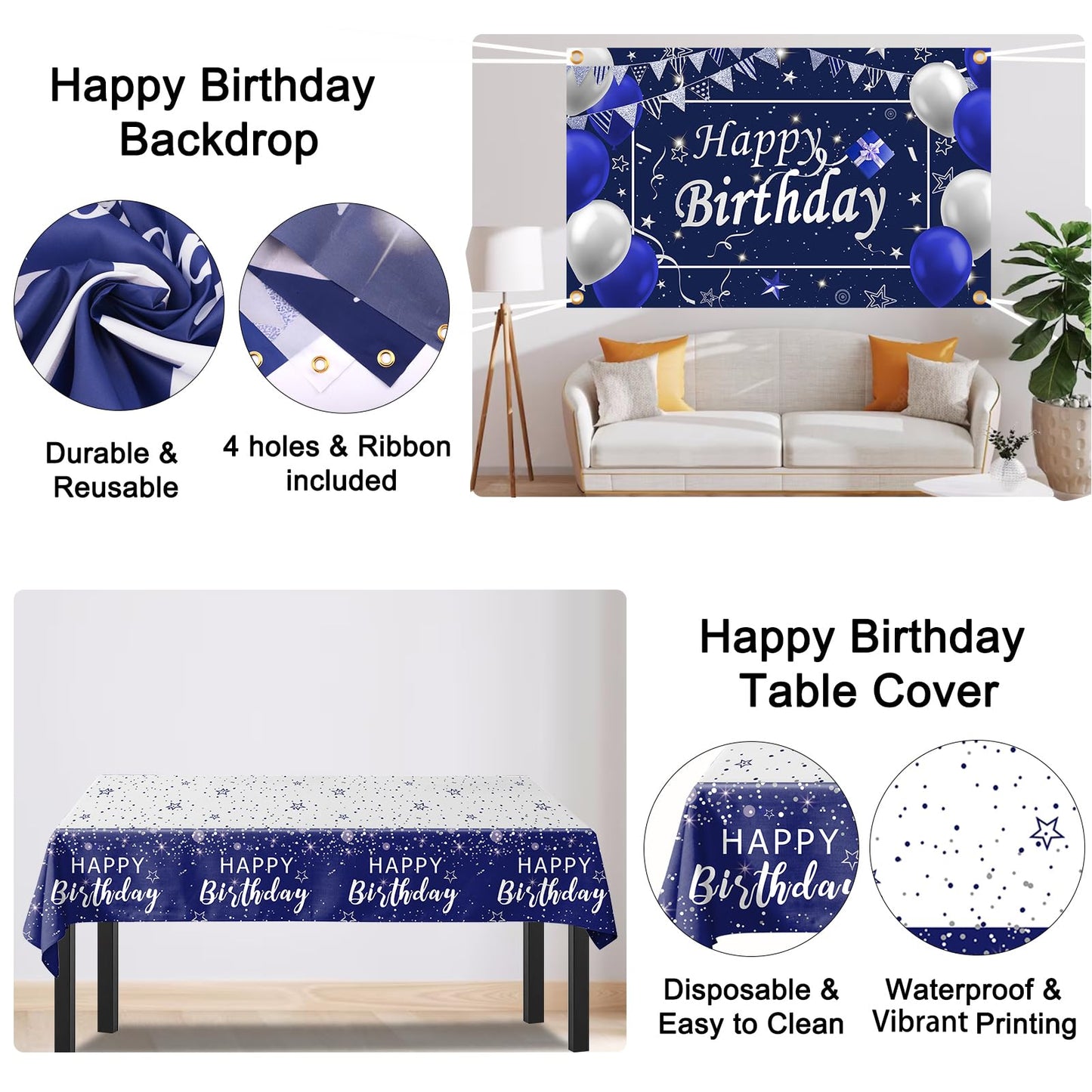 Perpetily Navy Blue Birthday Decorations Kit — 80 PCS Blue & Silver Party Supplies with Backdrop & Balloons