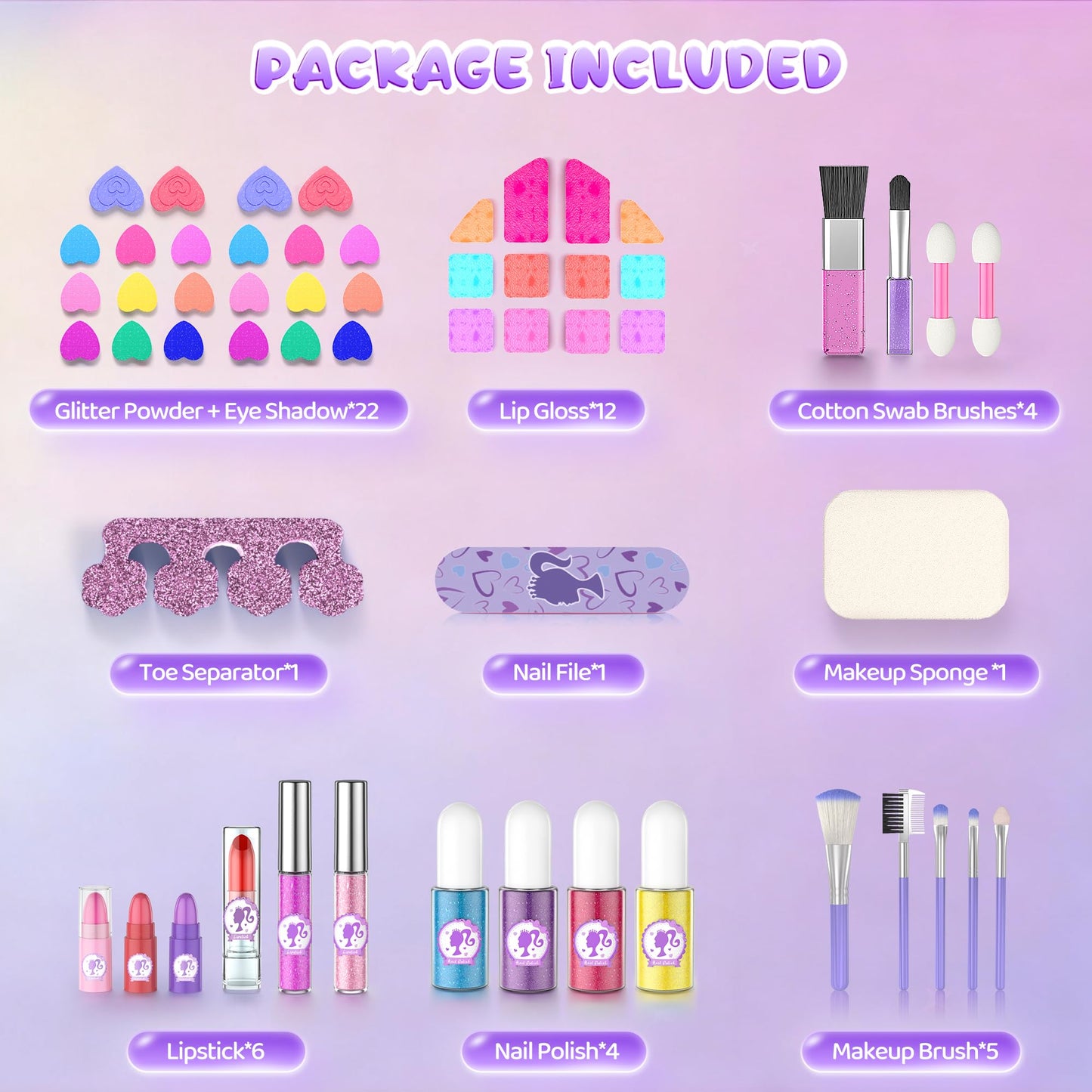 PERRYHOME Kids Makeup Set – 59-Piece Washable Non-Toxic Kit for Girls 5-8 (Purple)