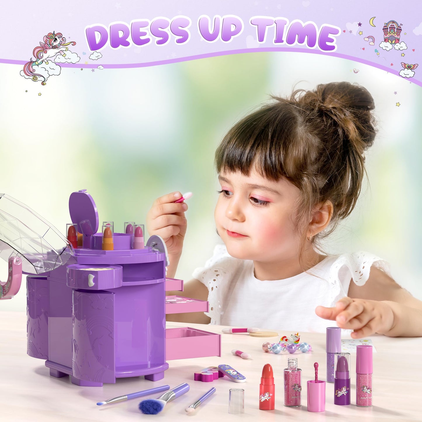 PERRYHOME 63-Piece Kids Makeup Set – Washable, Non-Toxic Unicorn Dress-Up Kit